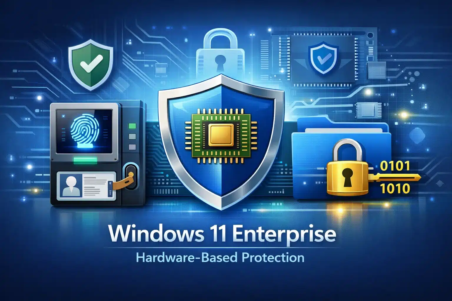 Pantalla conceptual de seguridad en Windows 11 Enterprise con protección basada en hardware