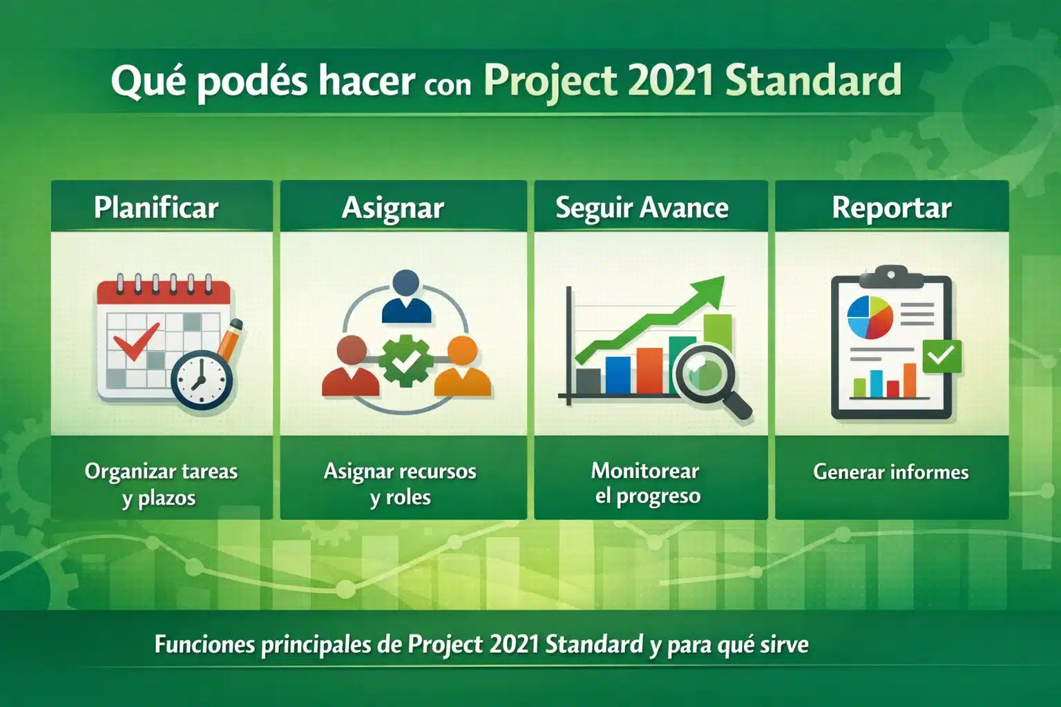 Infografía con funciones principales de Project 2021 Standard y para qué sirve