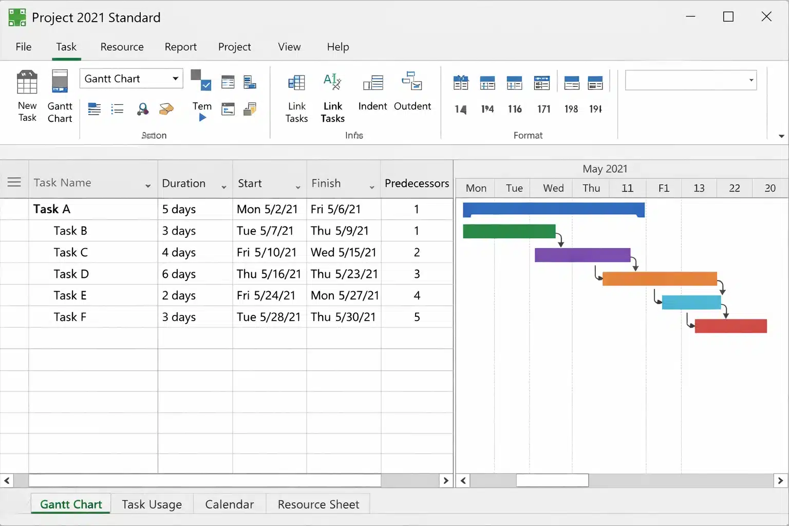 Vista tipo Gantt en Project 2021 Standard con tareas, dependencias y fechas