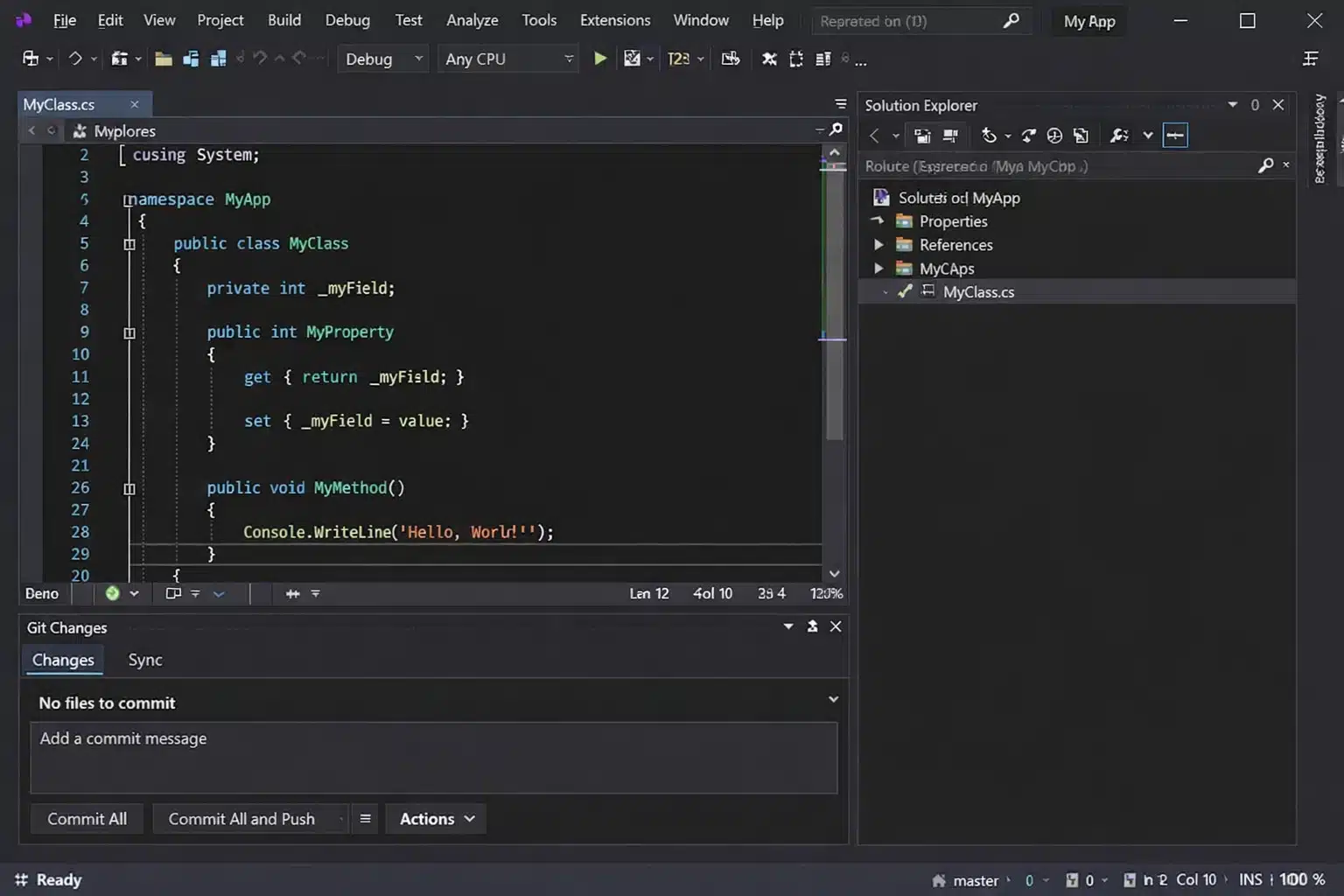Interfaz de Visual Studio 2019 Professional con editor de código y explorador de soluciones