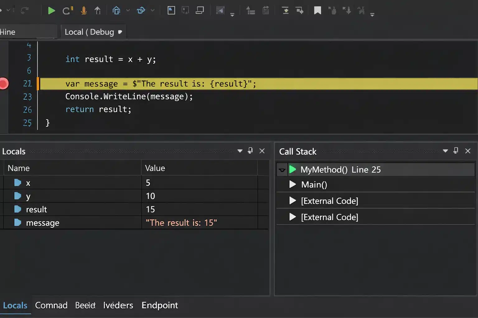 Depuración en Visual Studio 2019 con breakpoint, variables y pila de llamadas