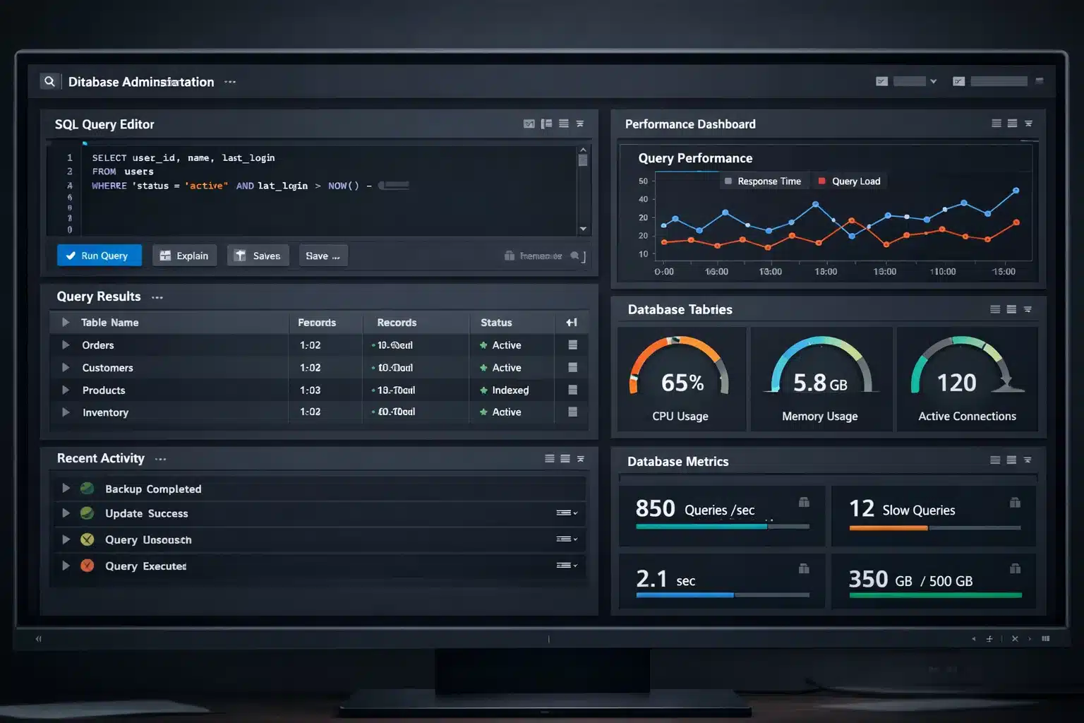 Consola de administración de base de datos con consultas, tablas y paneles de rendimiento