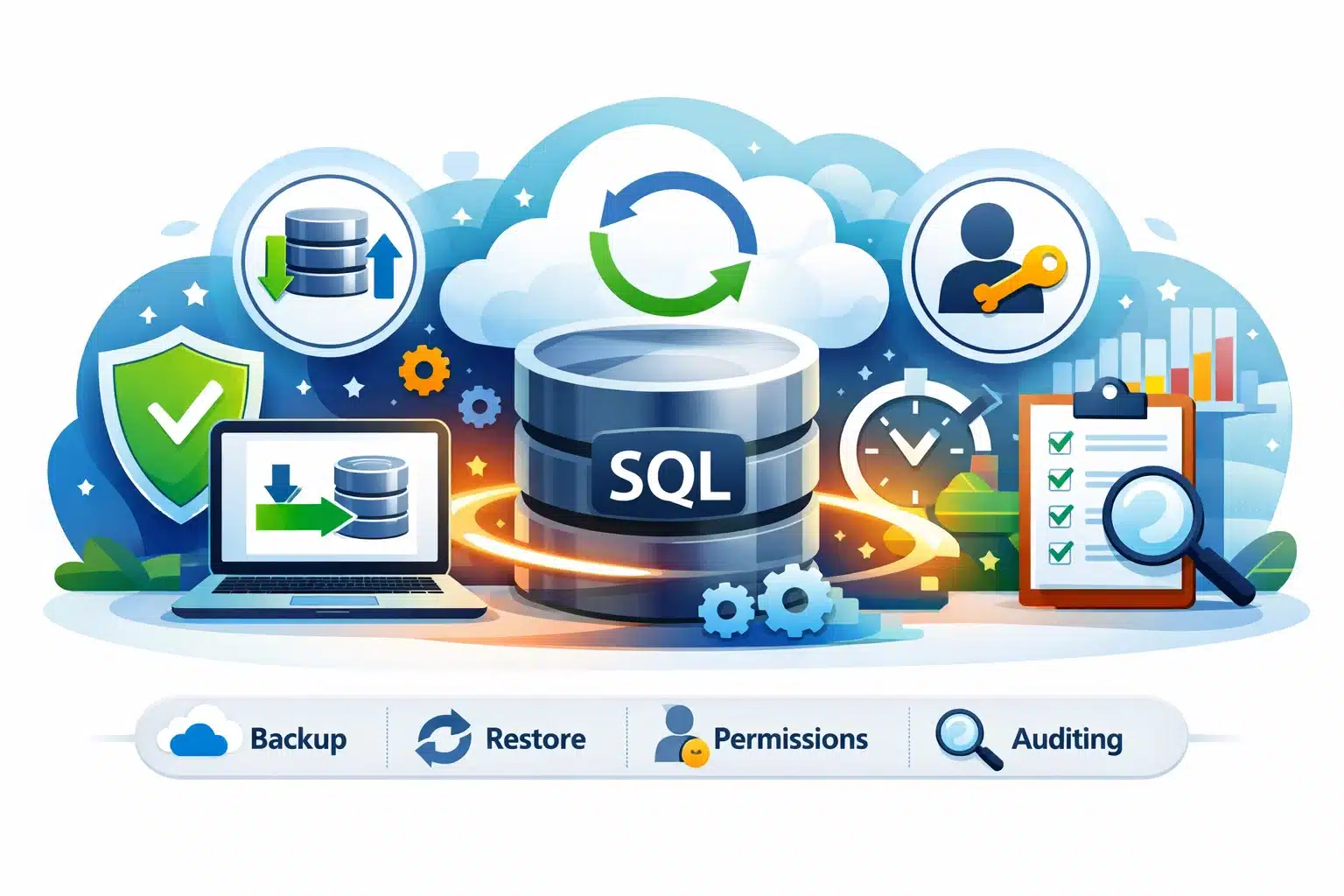 Escena de backup y seguridad en SQL Server con enfoque en continuidad operativa