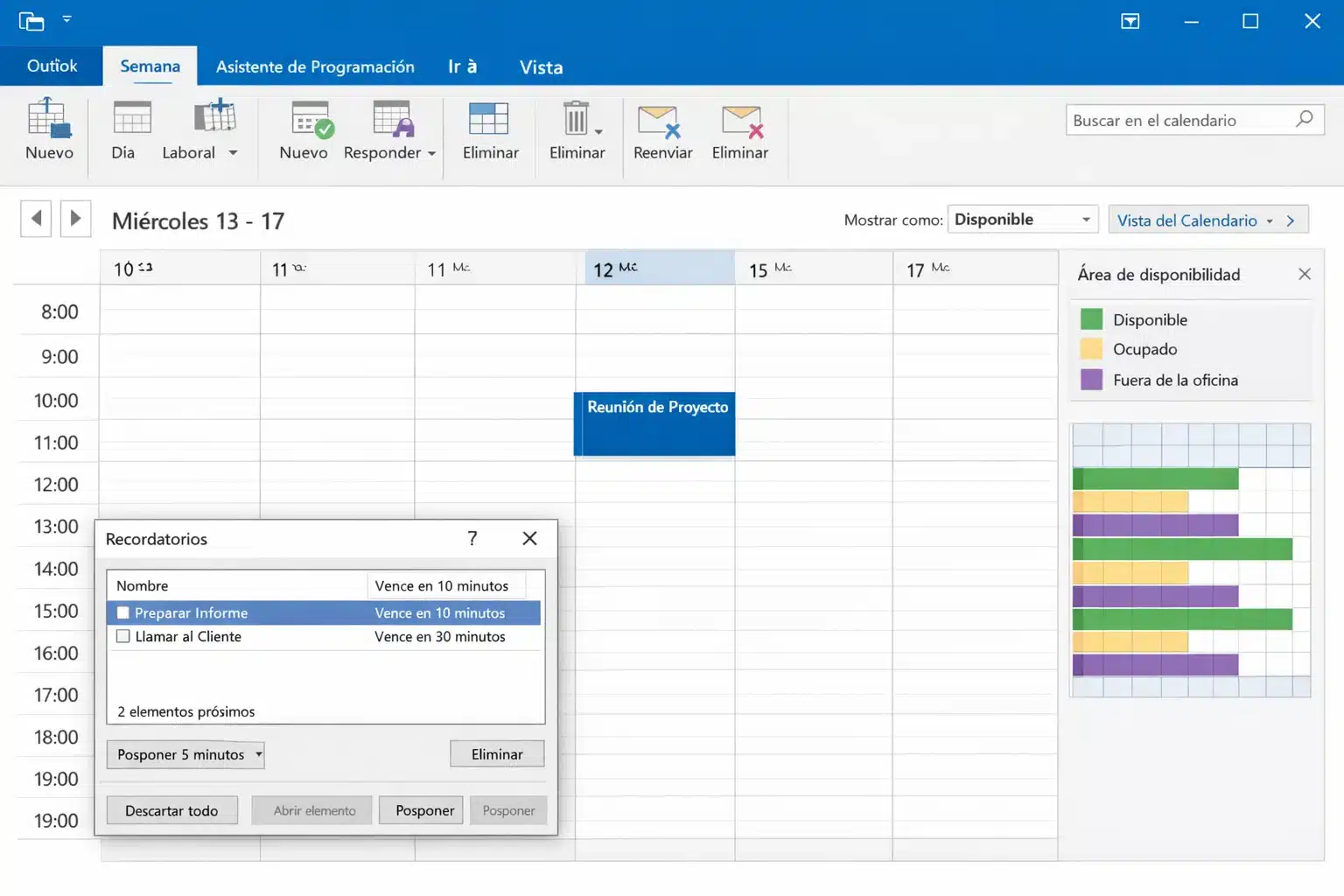 Vista de calendario en Outlook 2016 con reunión programada y recordatorios