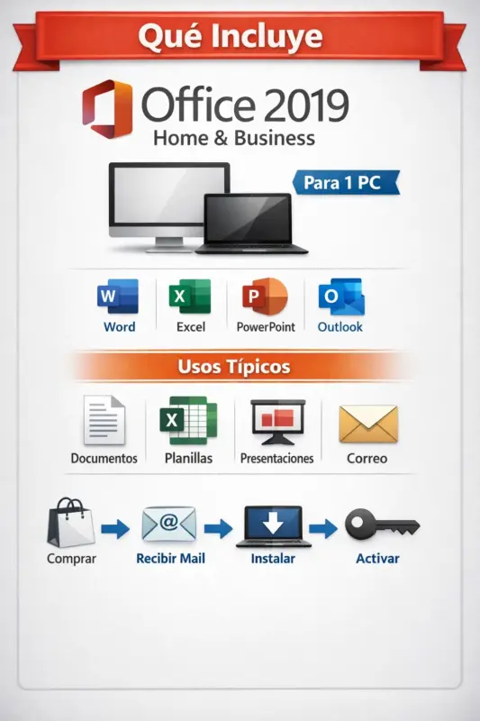Microsoft Office 2019 Home and Business — Permanente — 1 PC (Licencia digital)