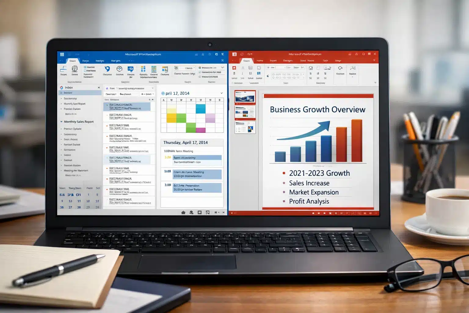 Escena de productividad con Outlook 2013 y PowerPoint 2013 para tareas de negocio y estudio