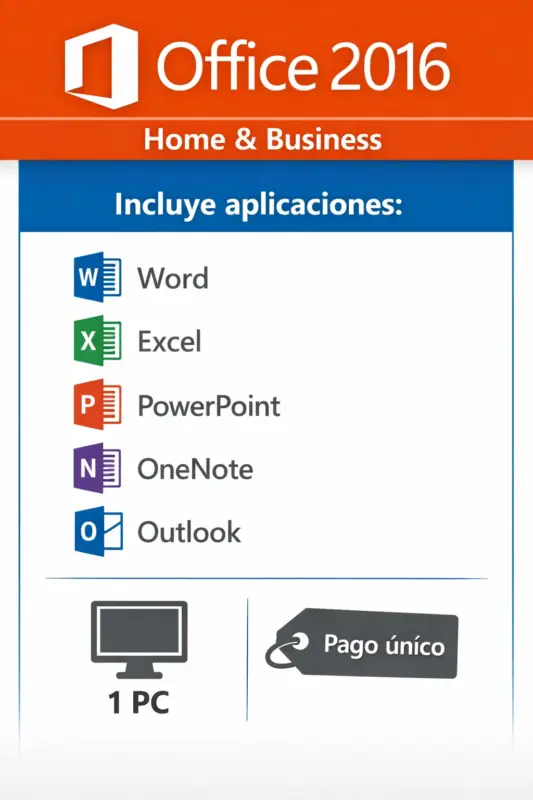 Microsoft Office 2016 Home and Business — Permanente — 1 PC (Licencia digital)
