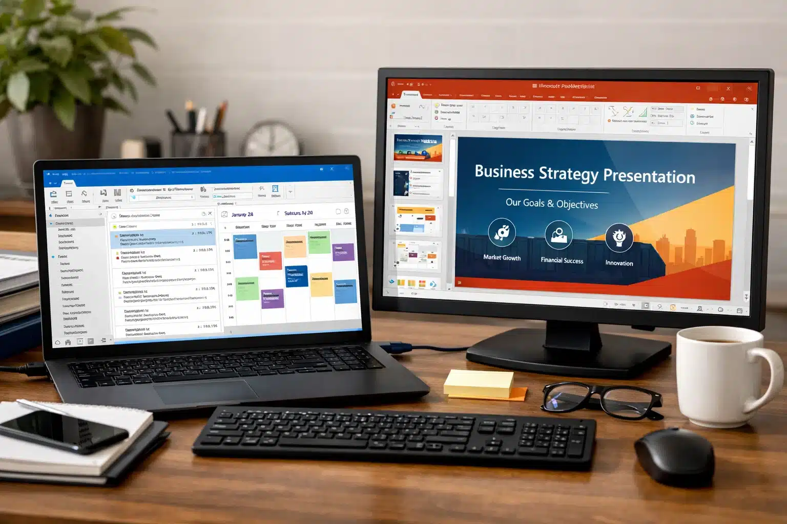Escena de productividad con Outlook 2016 y PowerPoint 2016 para organizar y presentar