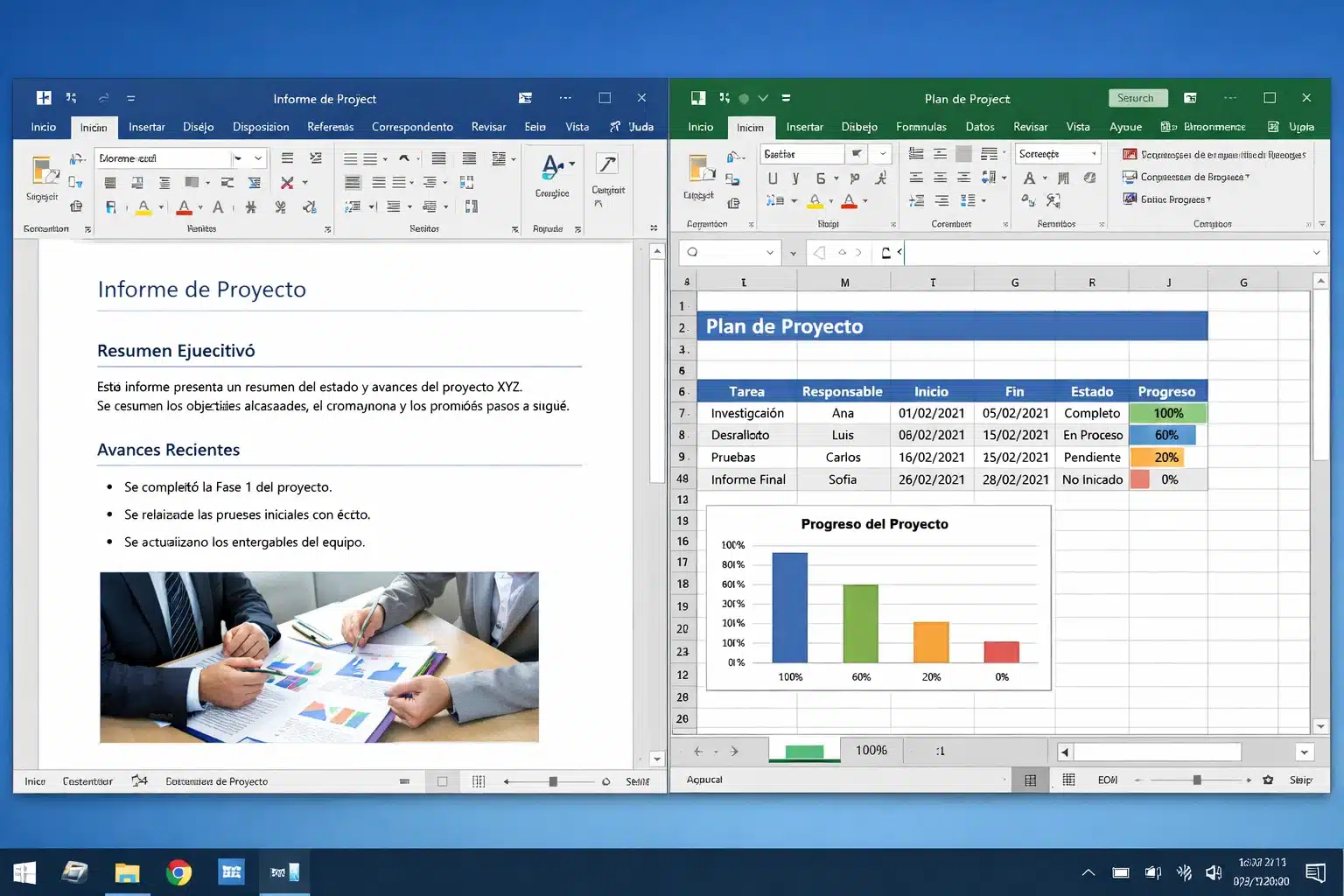 Escena de uso de Word 2016 y Excel 2016 en un entorno de trabajo en Windows