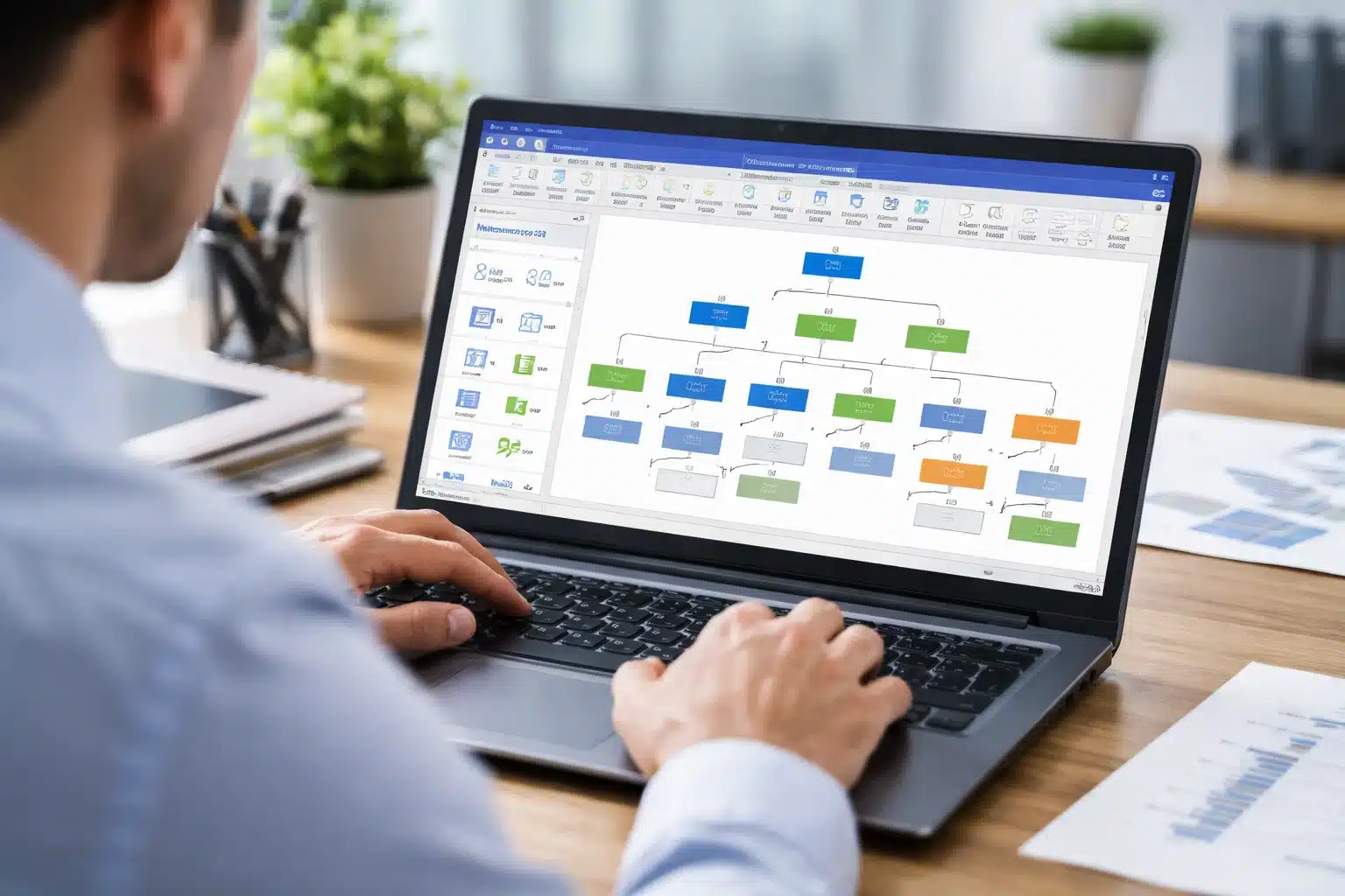 Escena de uso de Visio 2016 para organigramas y diagramas de red en un entorno profesional