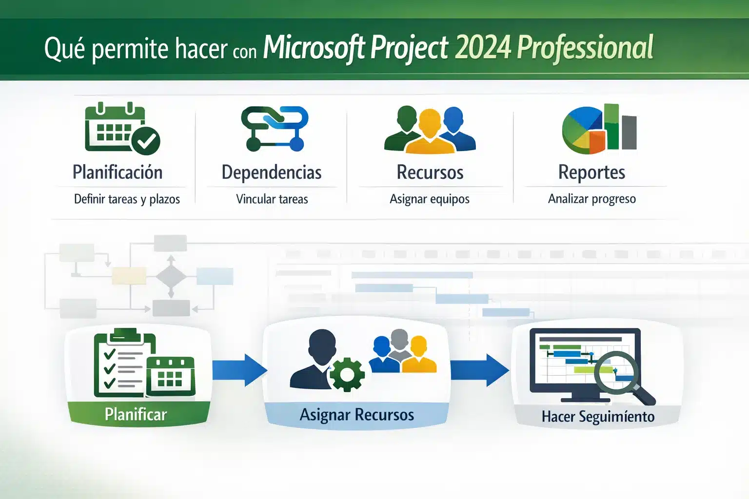 Infografía de Microsoft Project 2024 Professional con flujo de trabajo: planificar, asignar recursos y hacer seguimiento