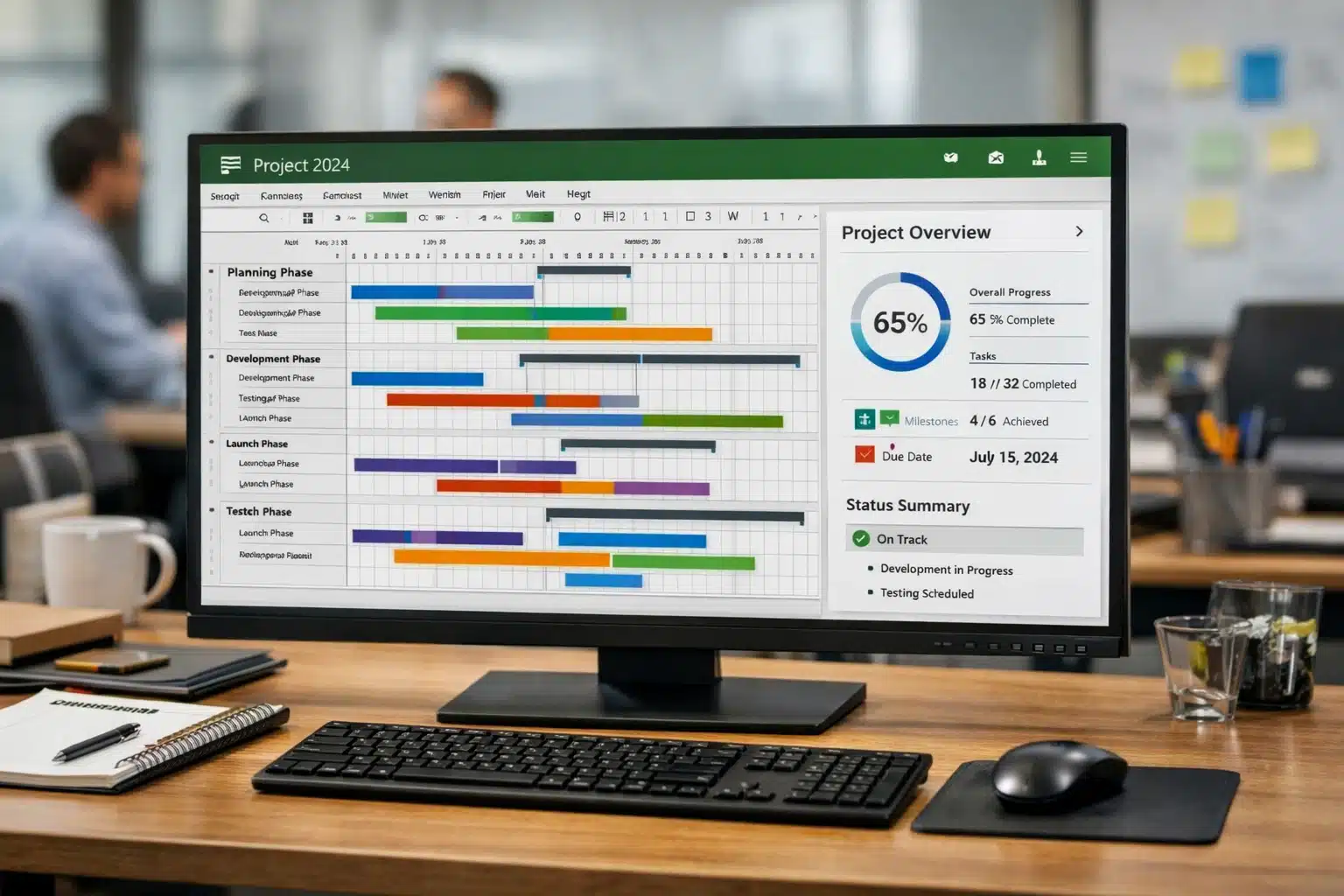 Escena de gestión de proyectos con Project 2024 mostrando líneas de tiempo y progreso para reportes