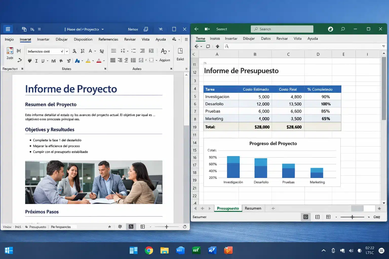 Captura de uso de Word y Excel en Office 2024 LTSC trabajando con documentos y planillas