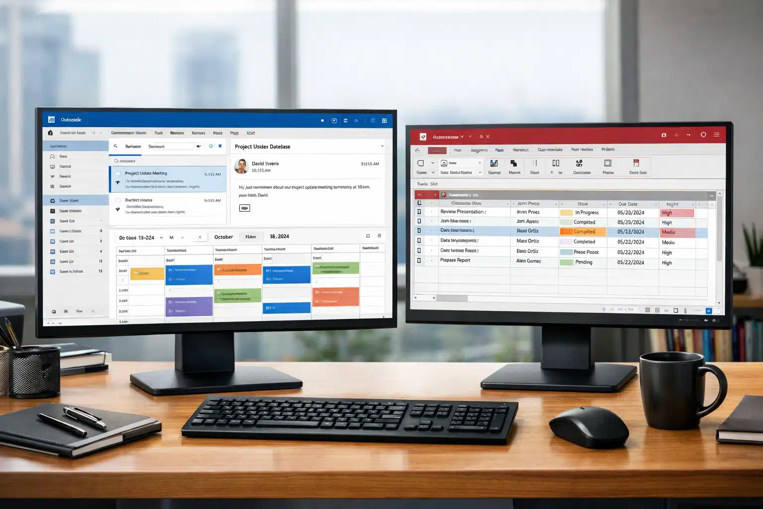 Escena de productividad con Outlook y Access en Office 2024 LTSC para tareas profesionales