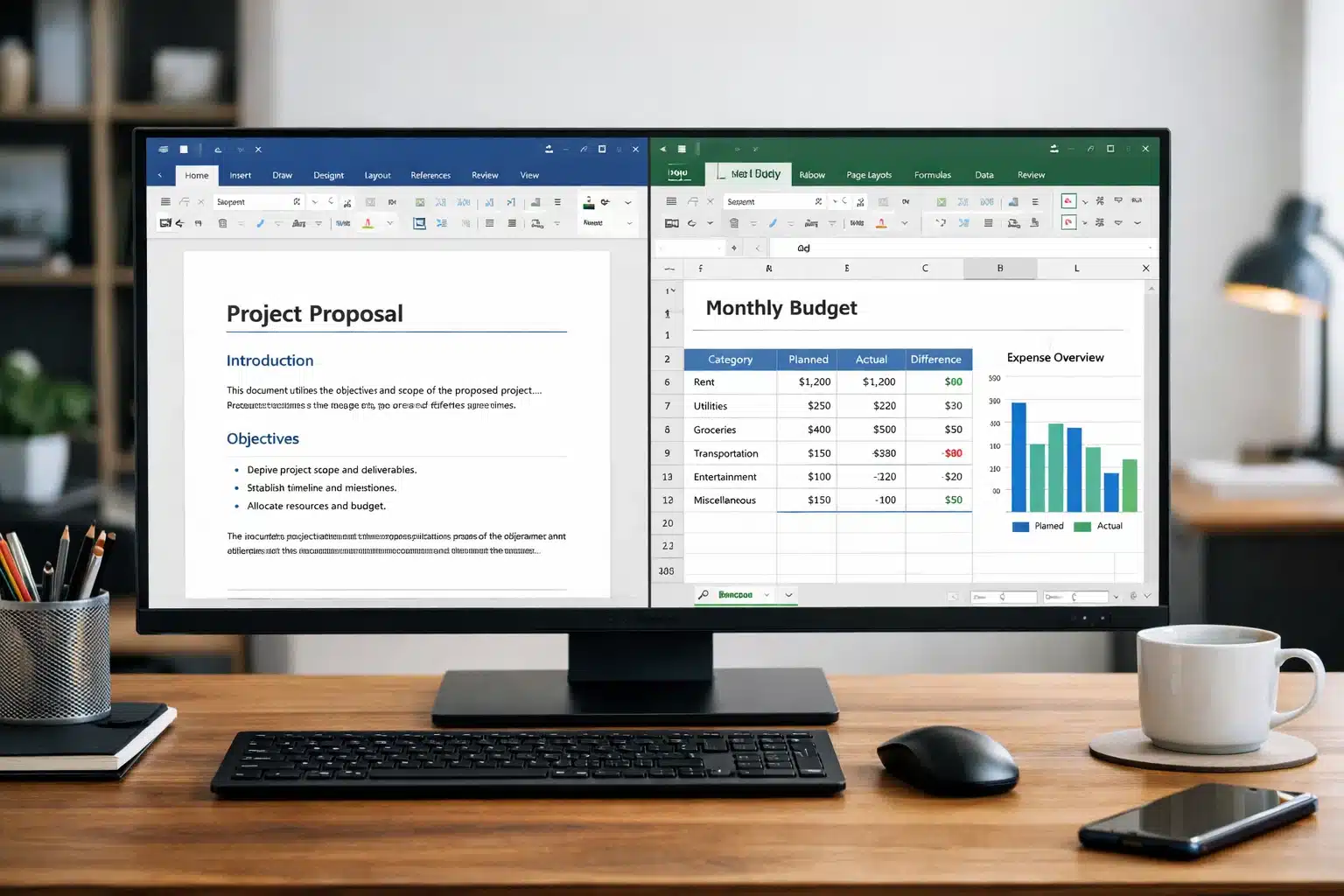 Captura de uso de Word y Excel en Office 2024 trabajando con documentos y planillas en escritorio