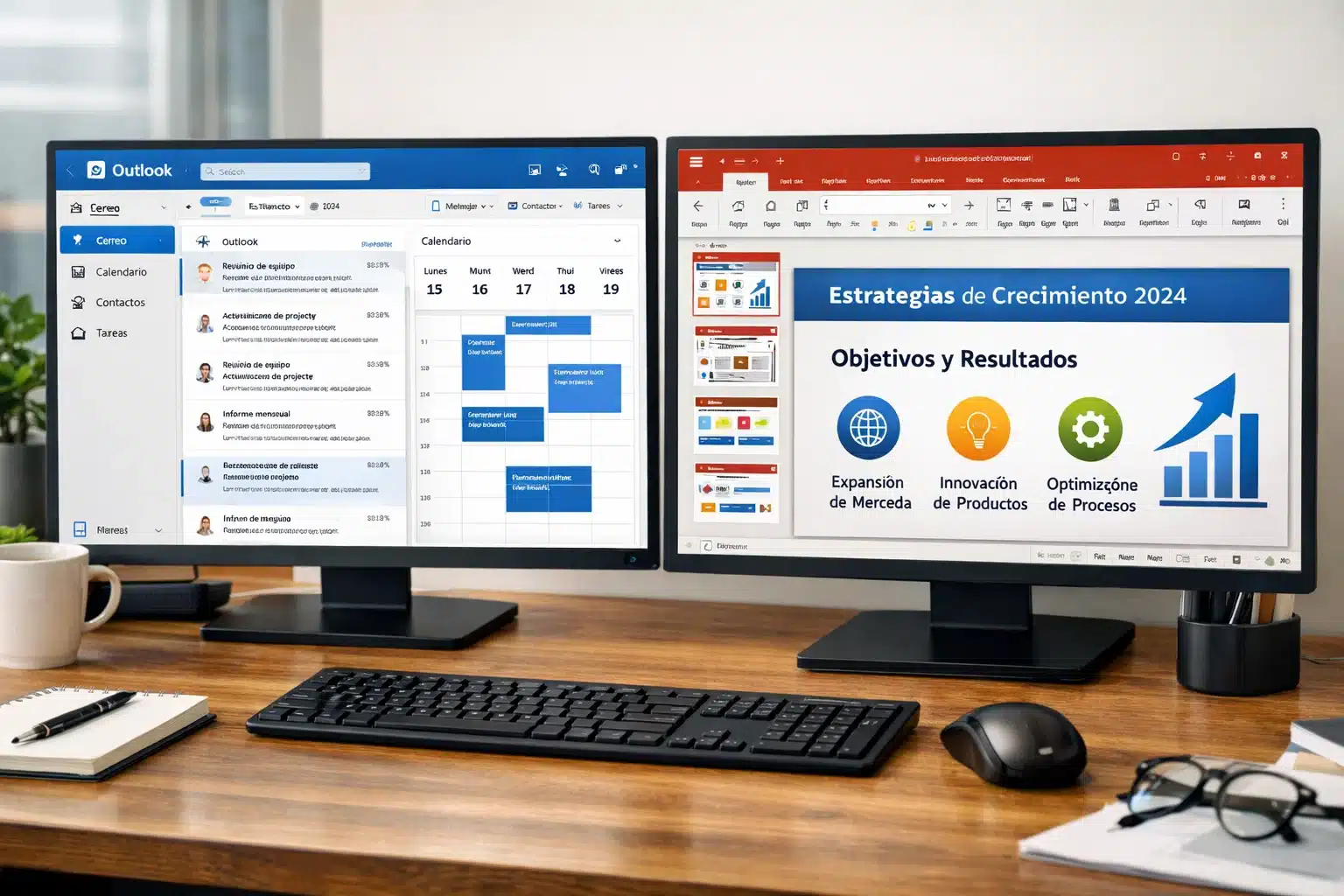 Escena de productividad con Outlook y PowerPoint en Office 2024 para trabajo y estudio