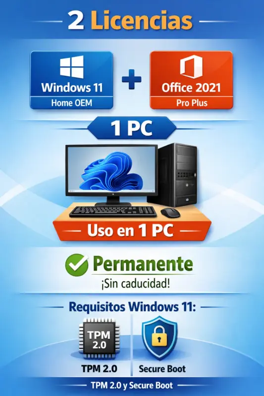 Combo Windows 11 Home OEM + Office 2021 Pro Plus Retail — 1 PC — 2 Licencias (Licencia digital)