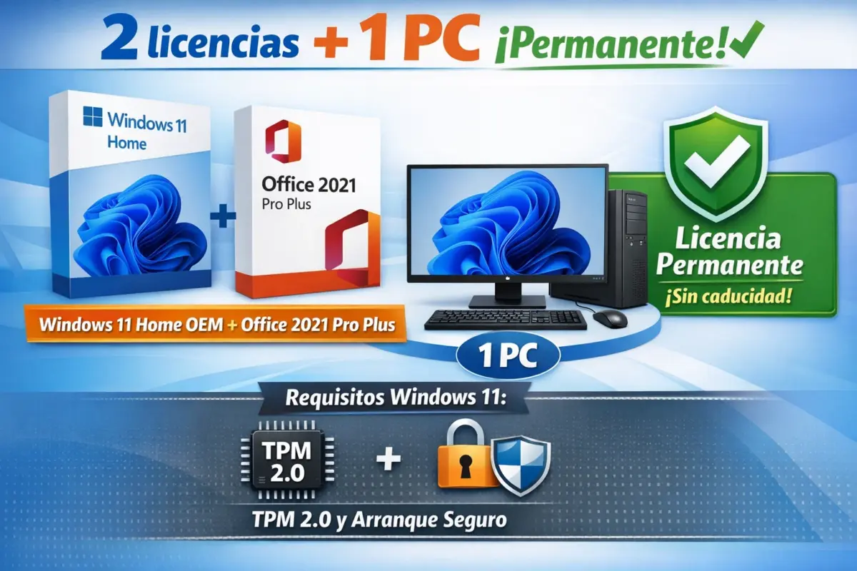 Combo Windows 11 Home OEM + Office 2021 Pro Plus Retail — 1 PC — 2 Licencias (Licencia digital)