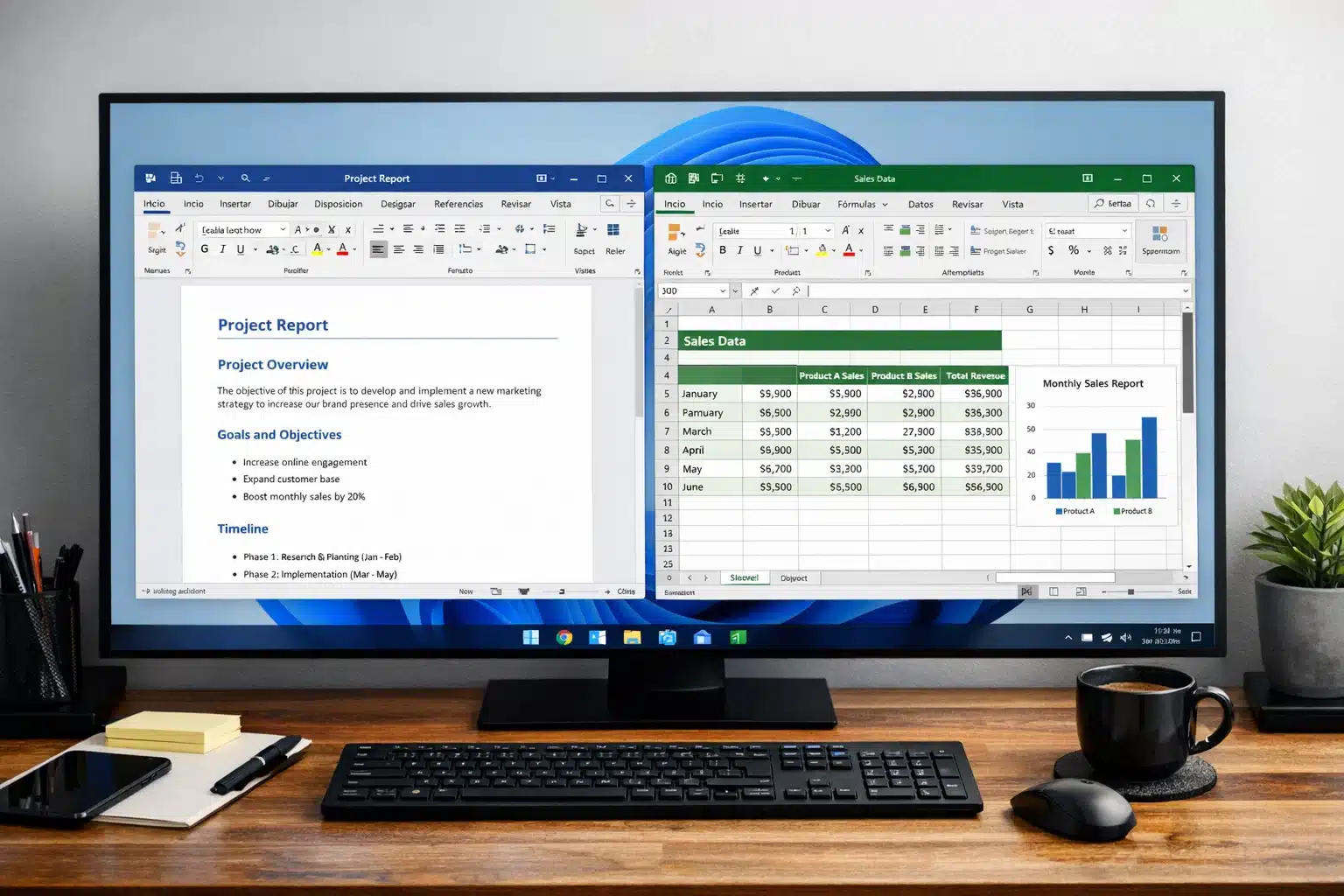 Escena de escritorio Windows 11 con Word y Excel de Office 2021 en uso para documentos y planillas