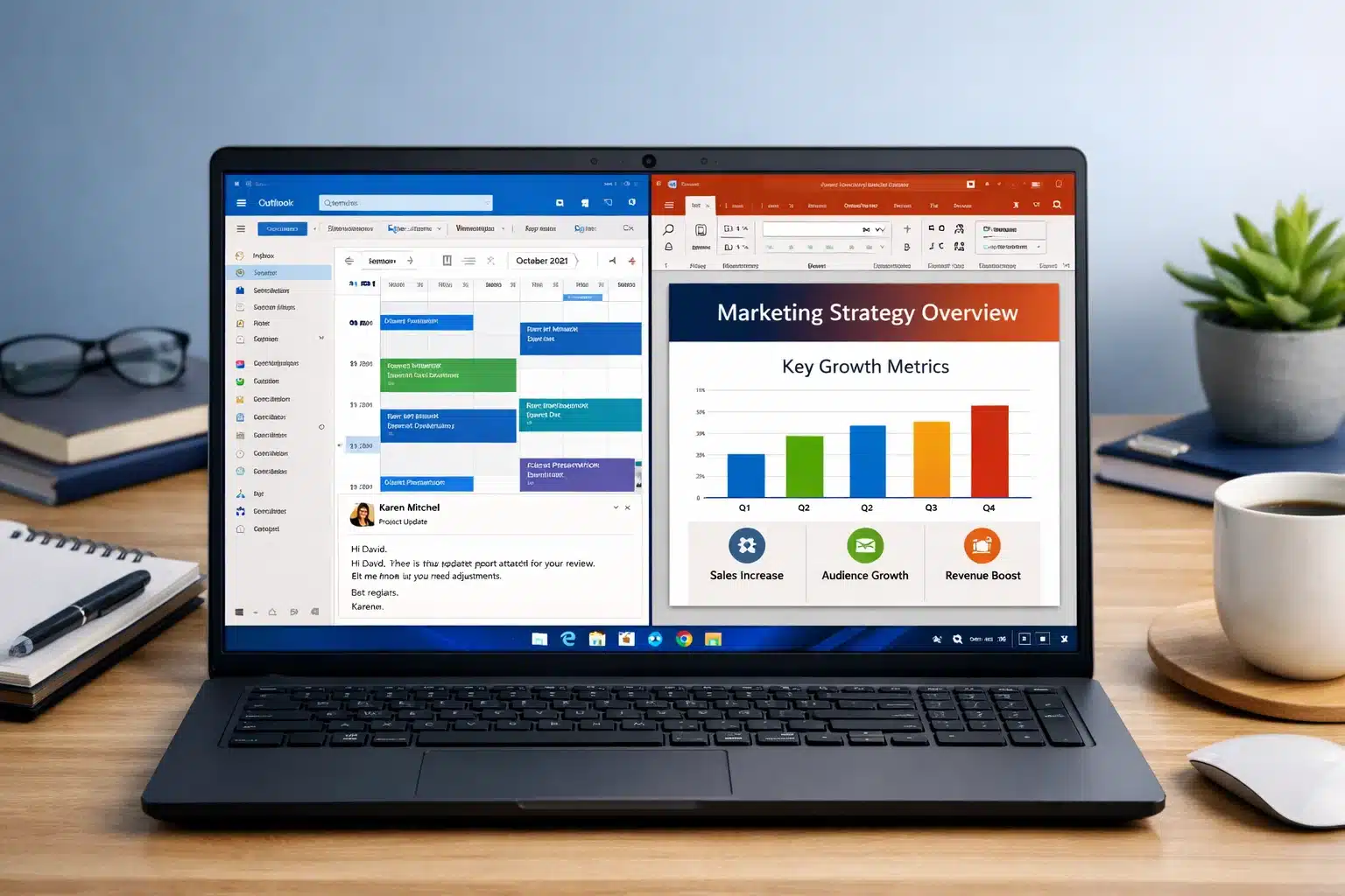 Escena de productividad con Outlook y PowerPoint de Office 2021 sobre Windows 11 para trabajo y estudio