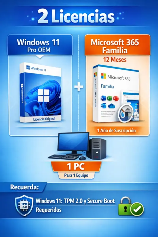 Combo Windows 11 Pro OEM + Office 365 Familia — 12 Meses — 2 Licencias – 1 PC (Licencia digital)