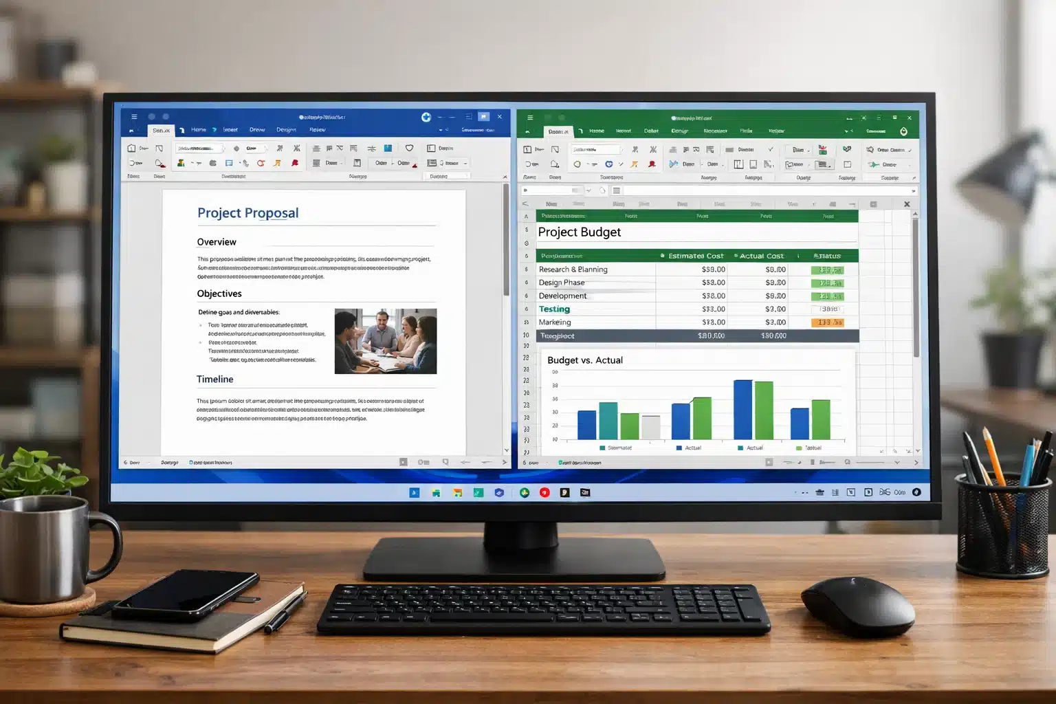 Escena de escritorio Windows 11 Pro con aplicaciones de Microsoft 365 en uso para documentos y planillas