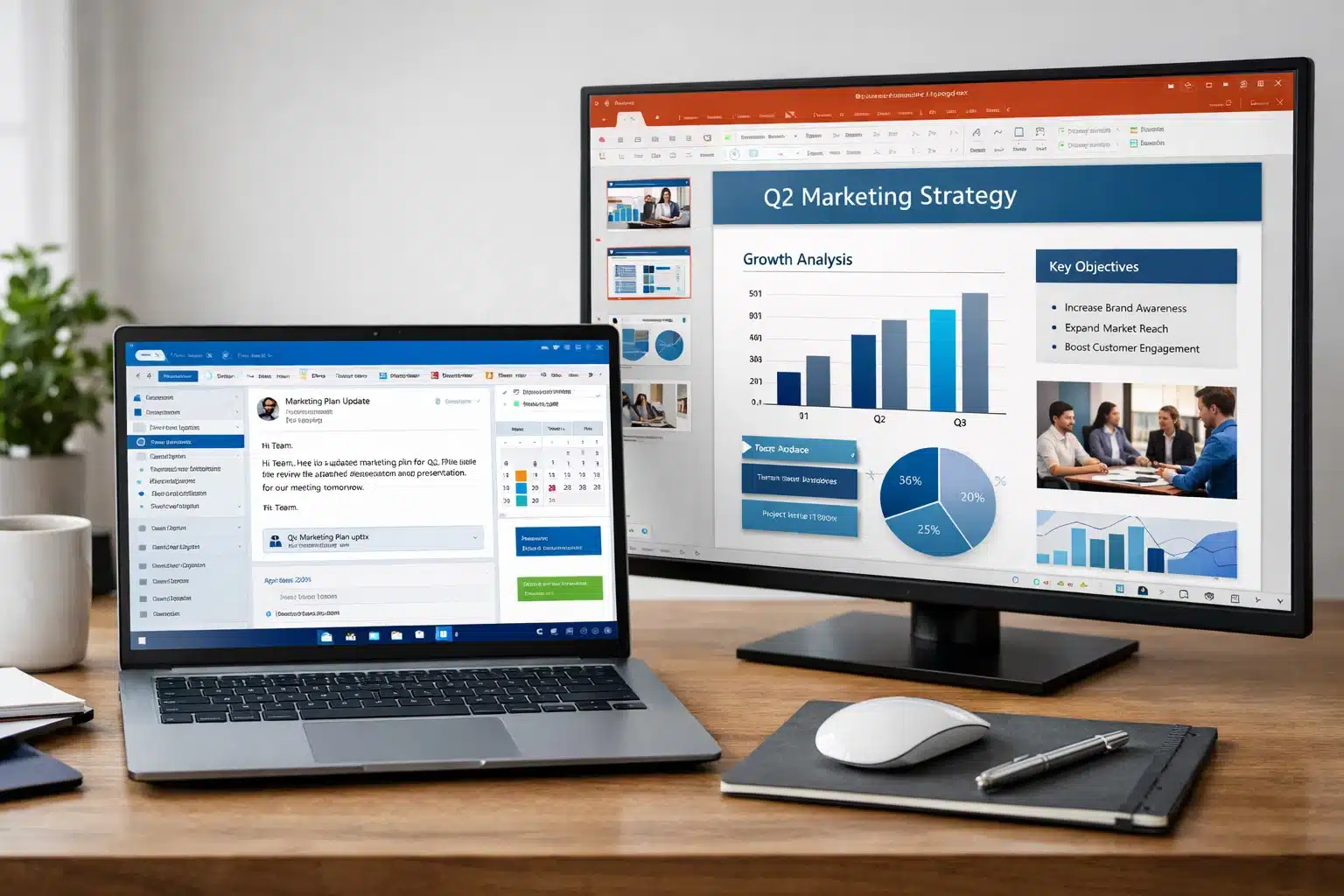 Escena de productividad con Microsoft 365 mostrando correo, calendario y presentaciones en una PC con Windows 11 Pro