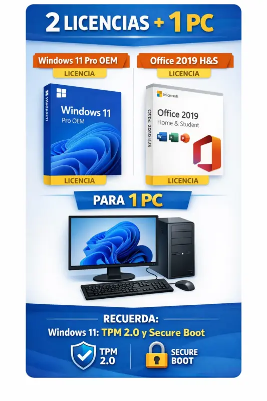 Combo Windows 11 Pro OEM + Office 2019 Home & Student — Permanente — 1 PC — 2 Licencias (Licencia digital)