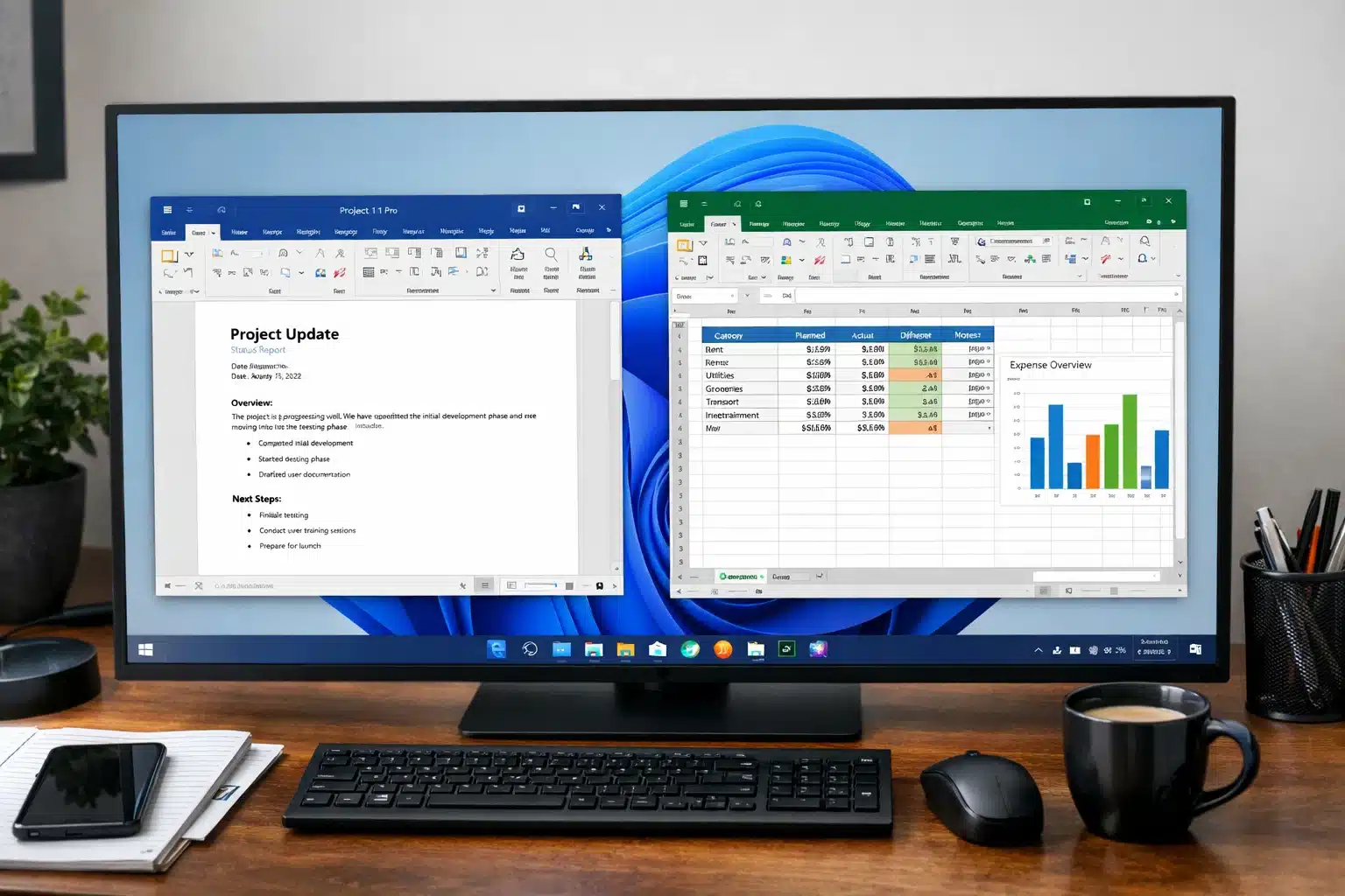 Escena de productividad en Windows 11 Pro usando Office 2019 para estudio y tareas de oficina