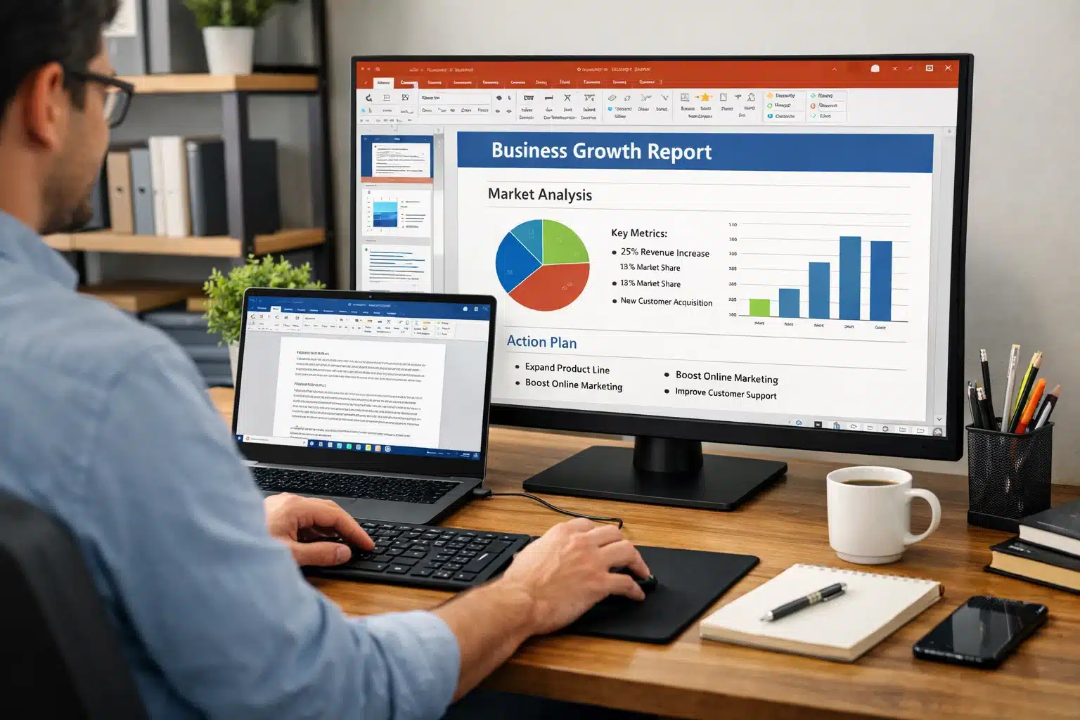 Escena de escritorio Windows 11 Pro con aplicaciones de Office 2019 en uso para documentos y planillas