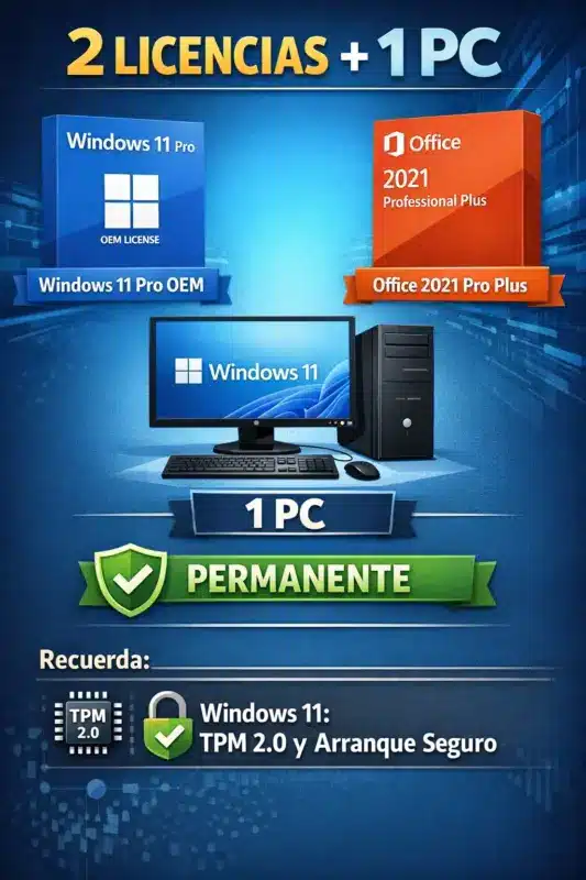 Combo Windows 11 Pro OEM + Office 2021 Pro Plus Retail — Permanente — 1 PC — 2 Licencias (Licencia digital)