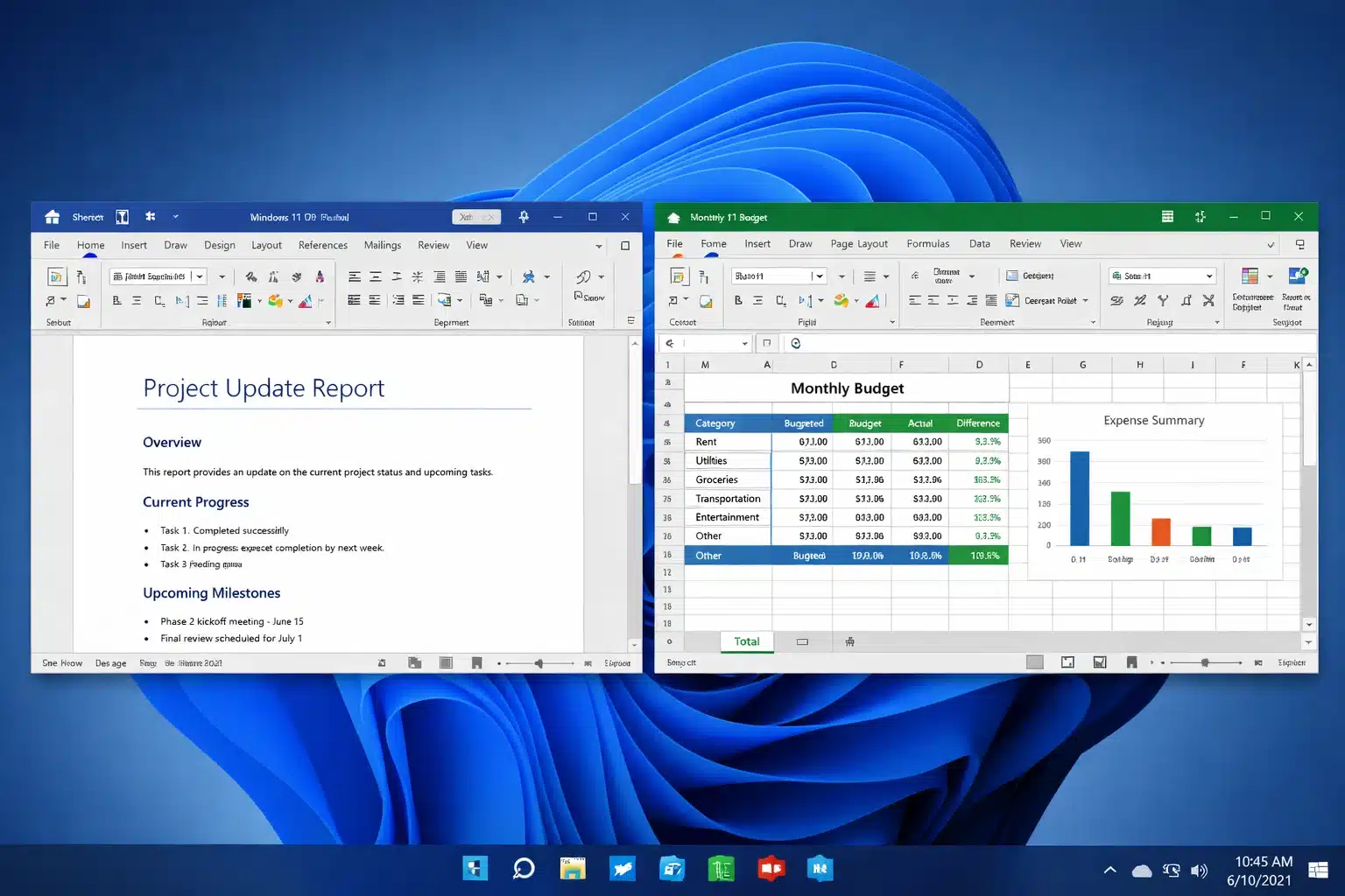 Escena de escritorio Windows 11 Pro con aplicaciones de Office 2021 en uso para documentos y planillas