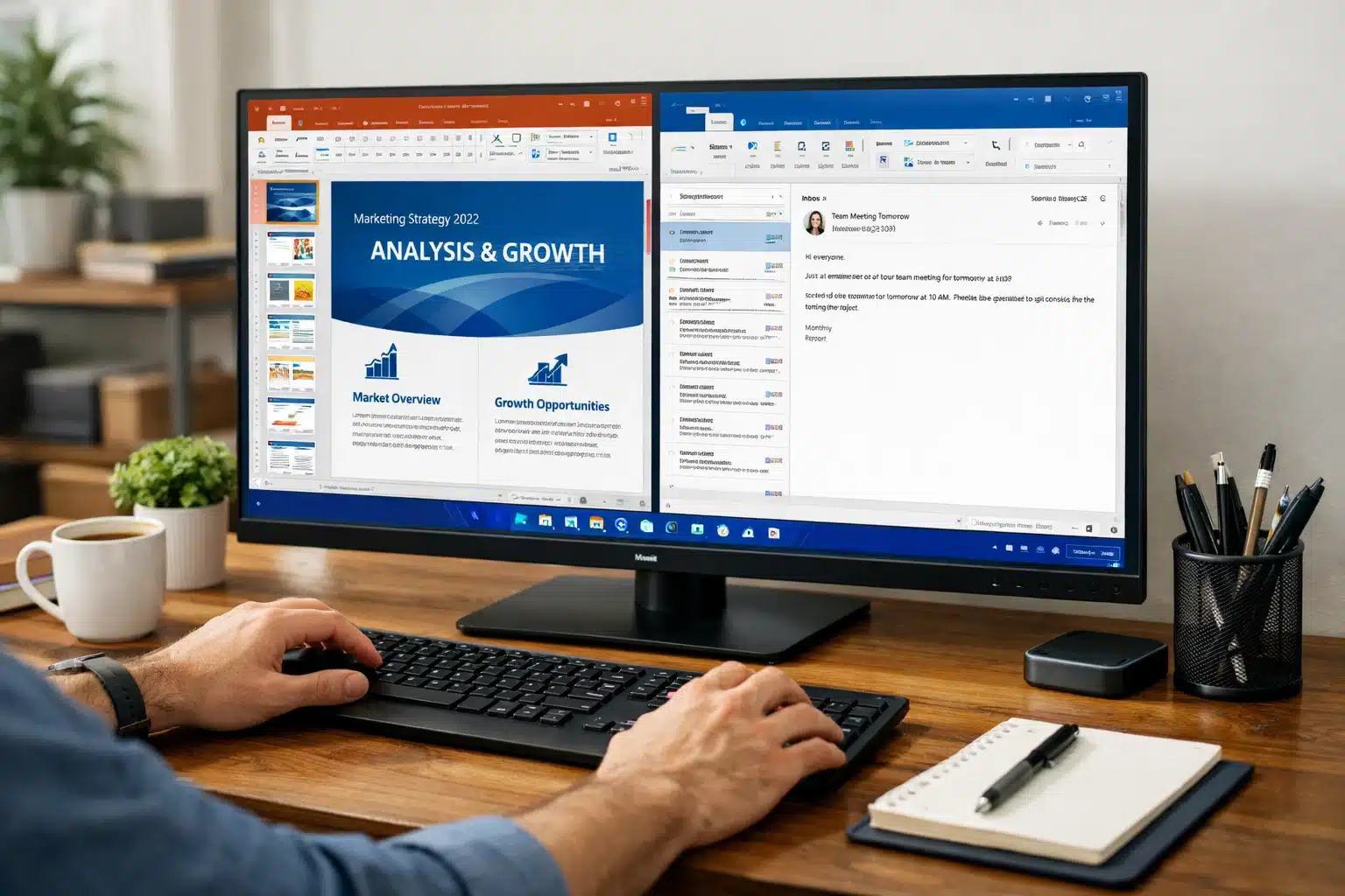Escena de productividad en Windows 11 Pro usando Office 2021 para trabajo, estudio y tareas de oficina