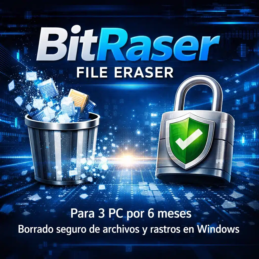 BitRaser File Eraser para 3 PC por 6 meses, borrado seguro de archivos y rastros en Windows