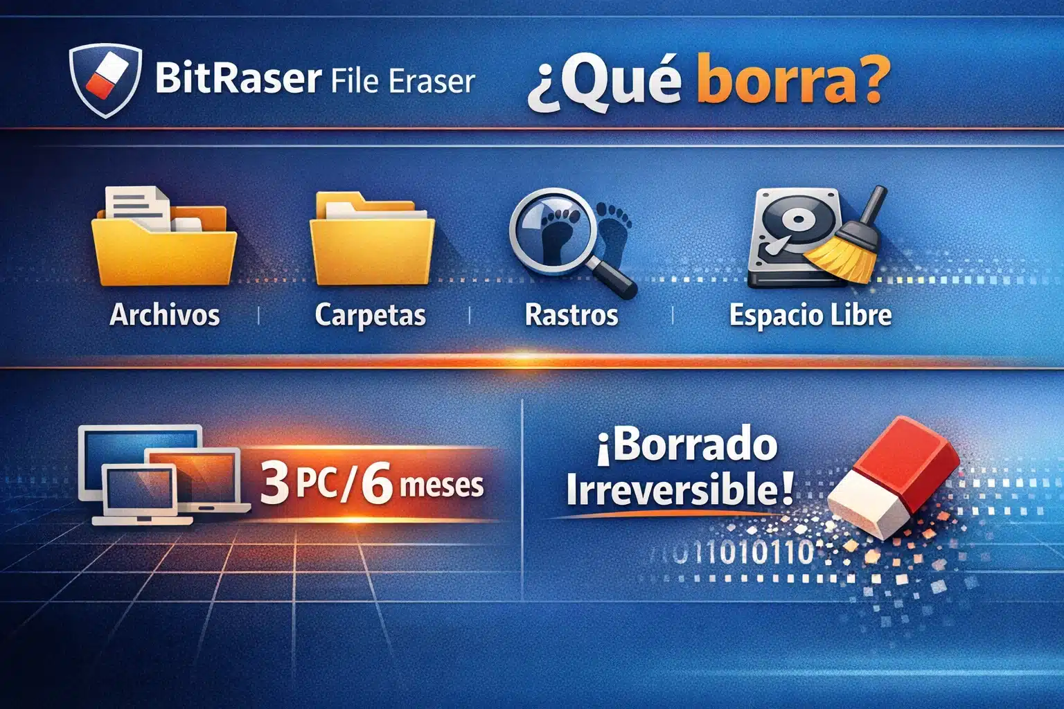 Infografía de BitRaser File Eraser con qué borra, estándares de borrado y duración de licencia