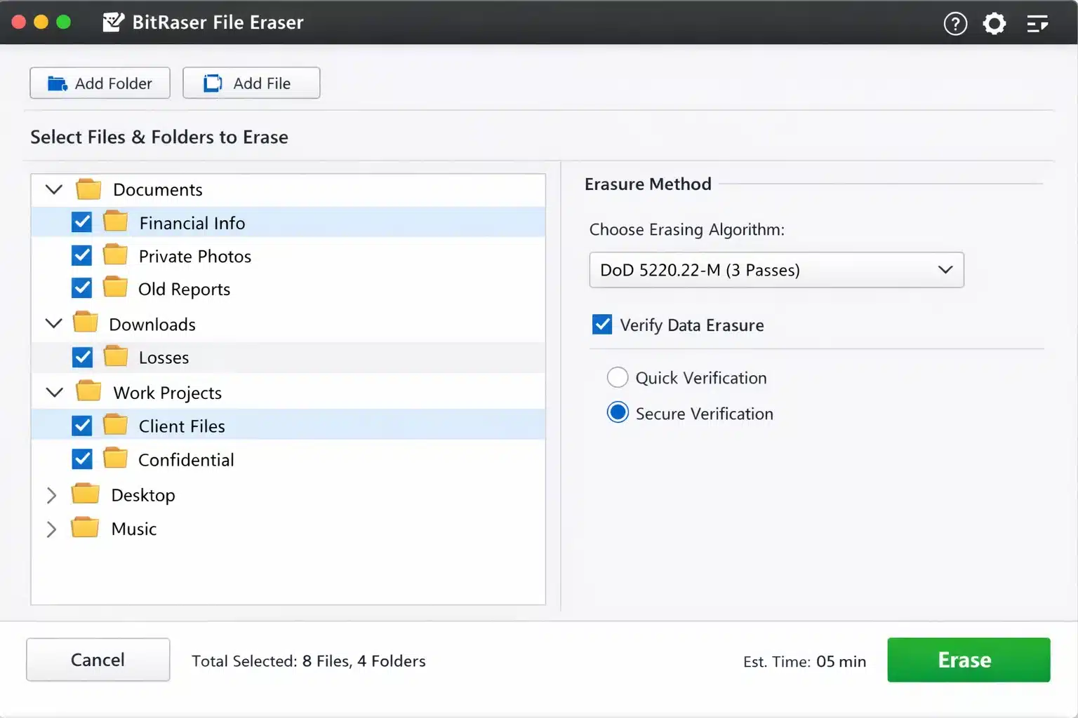 Captura de interfaz de BitRaser File Eraser seleccionando archivos y carpetas para borrado seguro