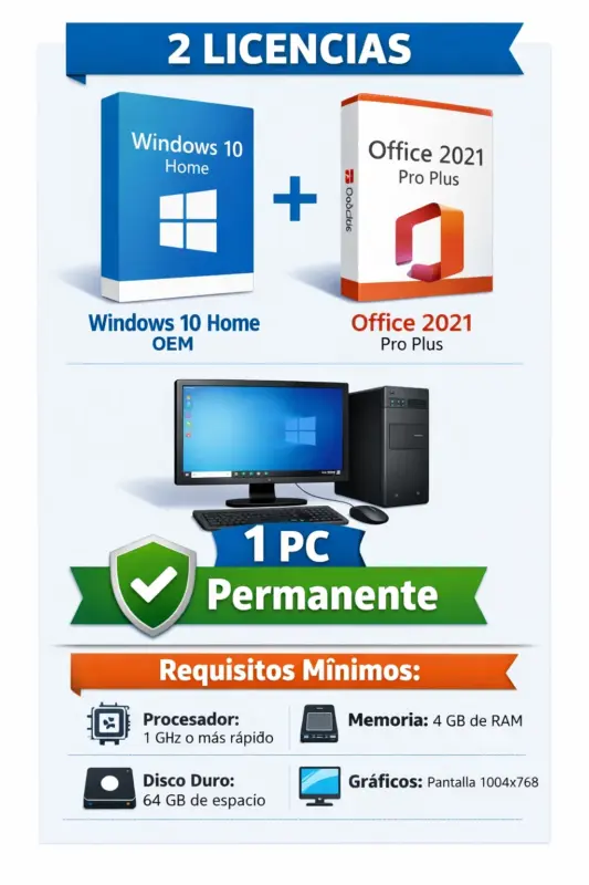 Combo Windows 10 Home + Office 2021 Pro Plus – 1 PC – Licencia Permanente
