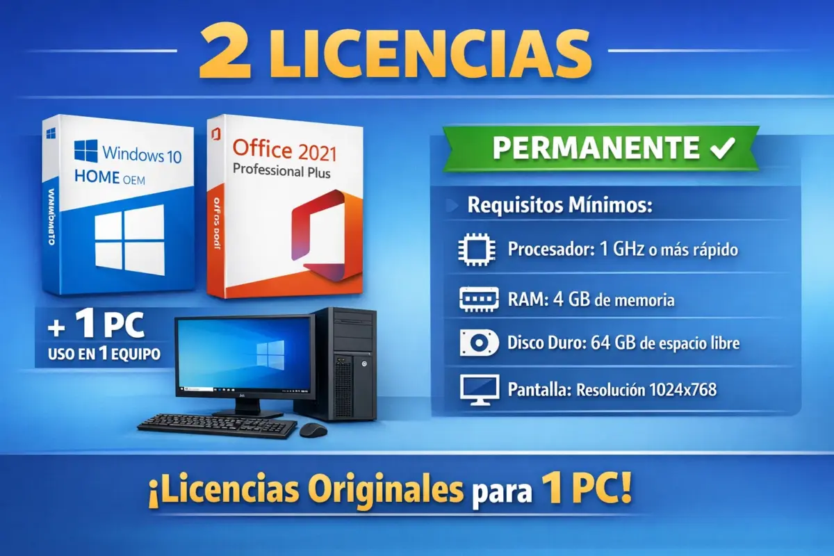Combo Windows 10 Home + Office 2021 Pro Plus – 1 PC – Licencia Permanente