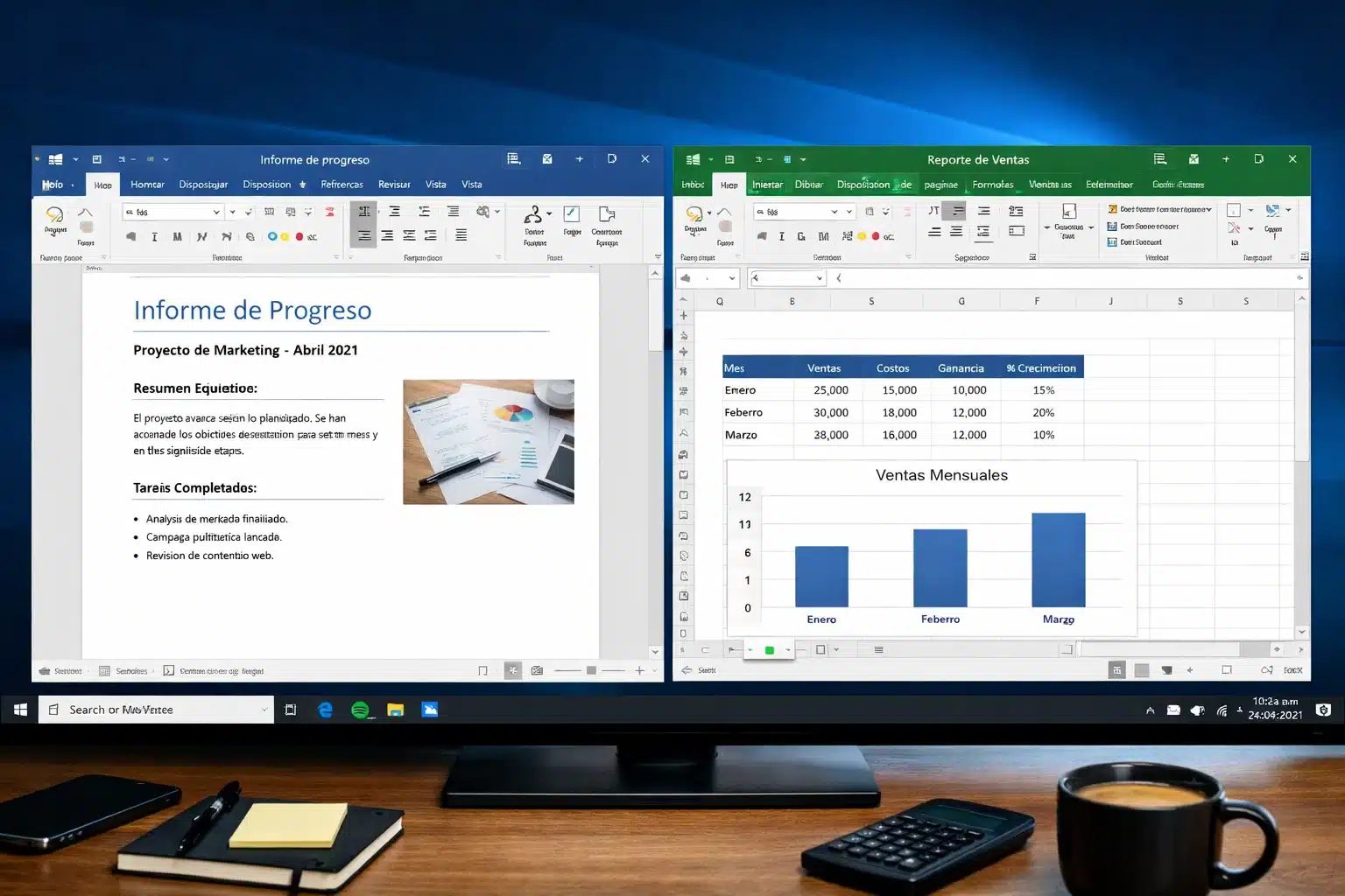 Escena de escritorio Windows 10 con aplicaciones de Office 2021 en uso para documentos y planillas