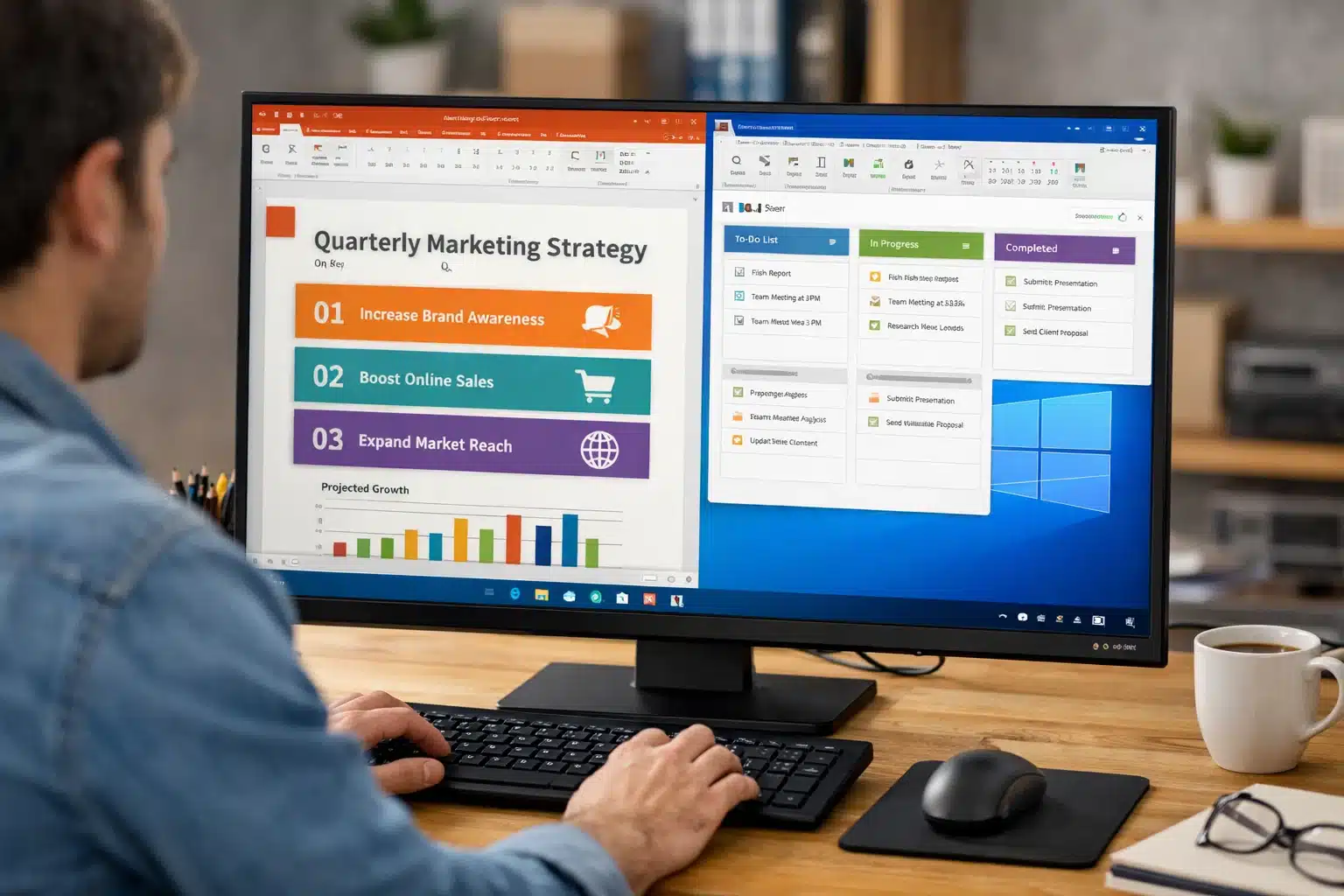 Escena de productividad en Windows 10 usando Office 2021 para trabajo, estudio y tareas de oficina