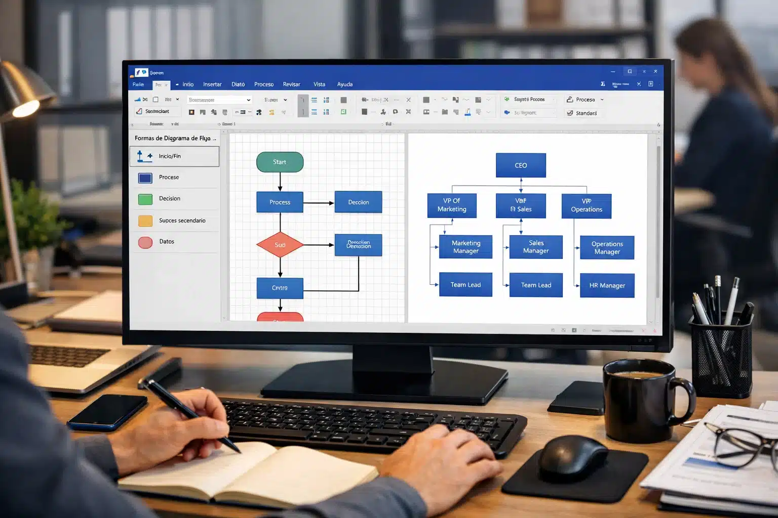 Escena de uso de Visio 2021 Standard para organigramas y diagramas de proceso en un entorno de trabajo
