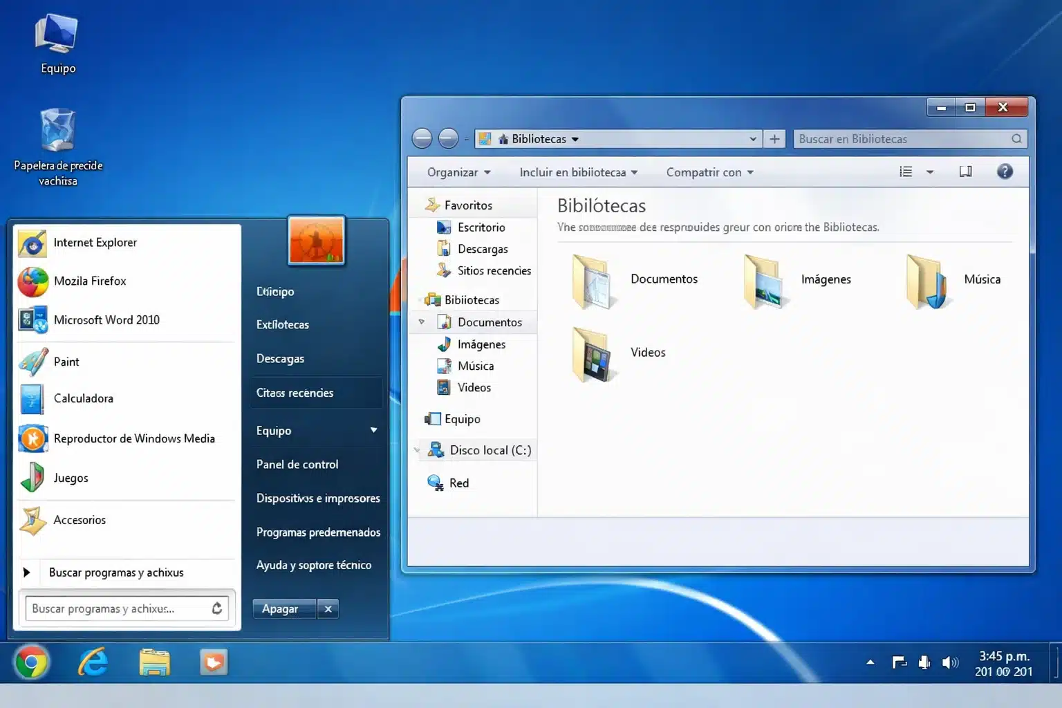 Escena de uso de Windows 7 Professional en oficina con herramientas básicas de trabajo y administración