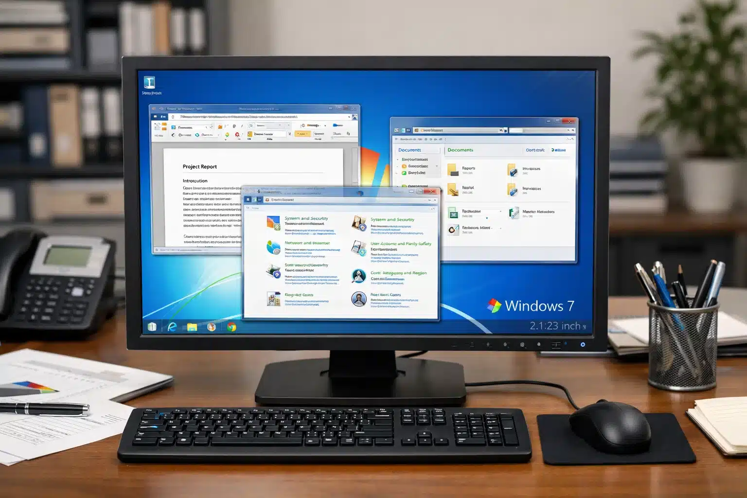 Escena de escritorio clásico de Windows 7 mostrando menú Inicio y ventana del Explorador