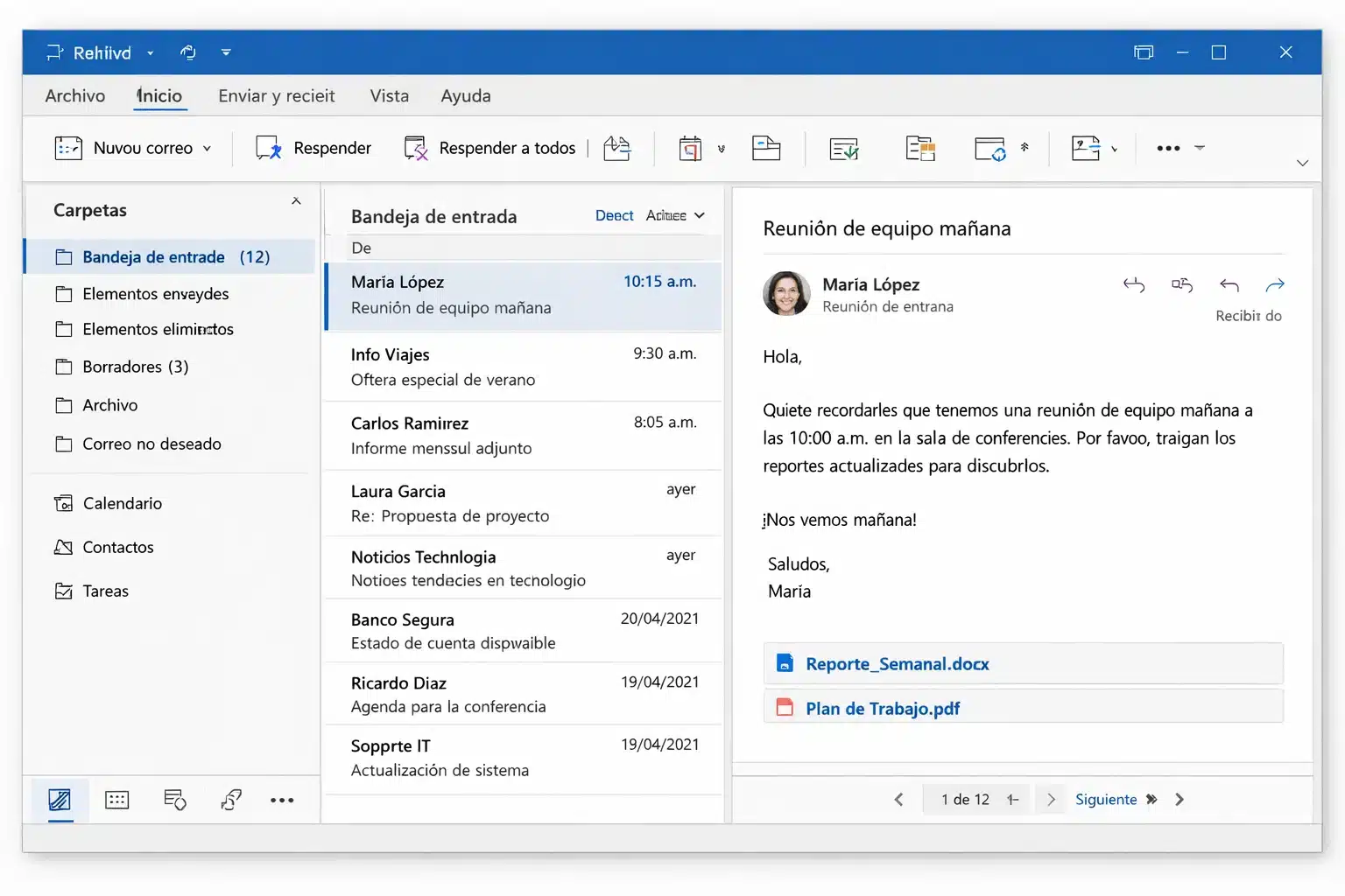 Captura de Outlook 2021 mostrando bandeja de entrada, panel de lectura y organización por carpetas