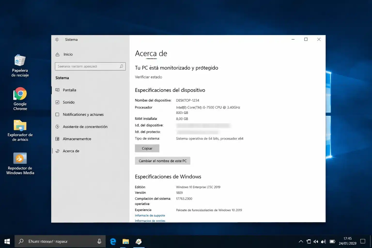 Escena de escritorio de Windows 10 Enterprise LTSC 2019 mostrando interfaz y configuración básica del sistema
