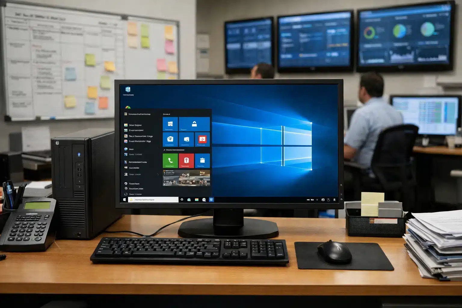 Escena de uso profesional con Windows 10 LTSC 2019 en oficina para tareas administrativas y operación estable