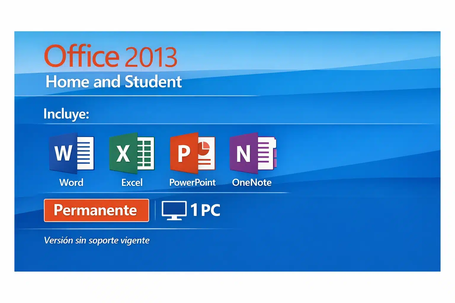 Infografía de Office 2013 Home and Student con apps incluidas, licencia permanente y uso en 1 PC