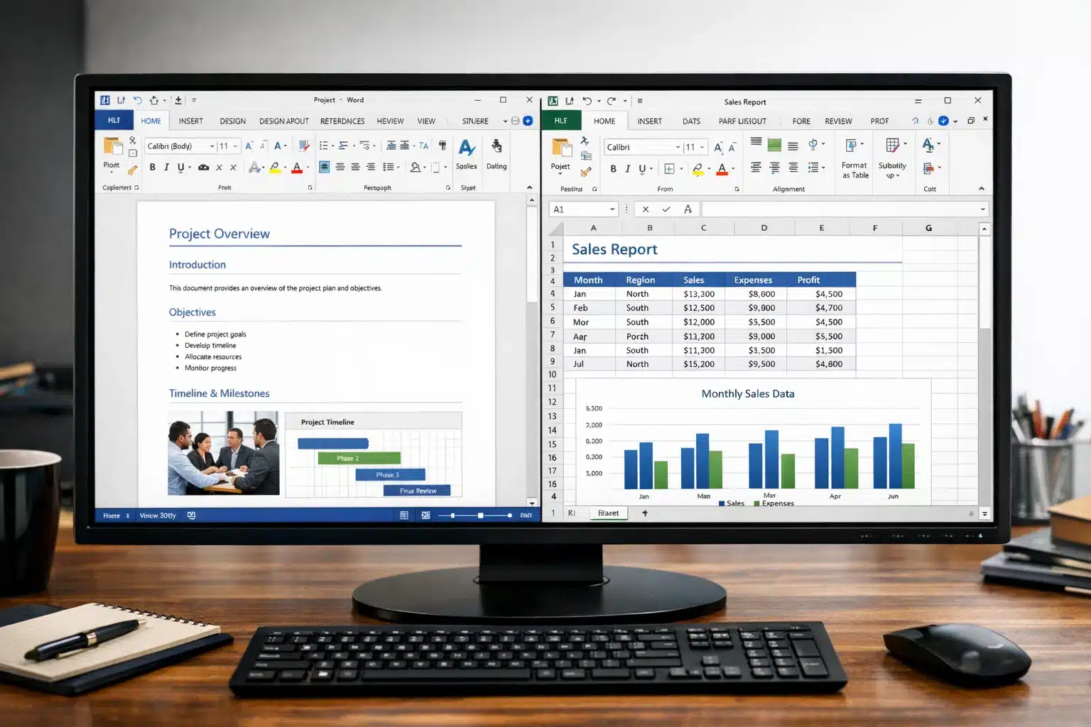 Captura de uso de Word y Excel en Office 2013 trabajando con documentos y planillas en PC