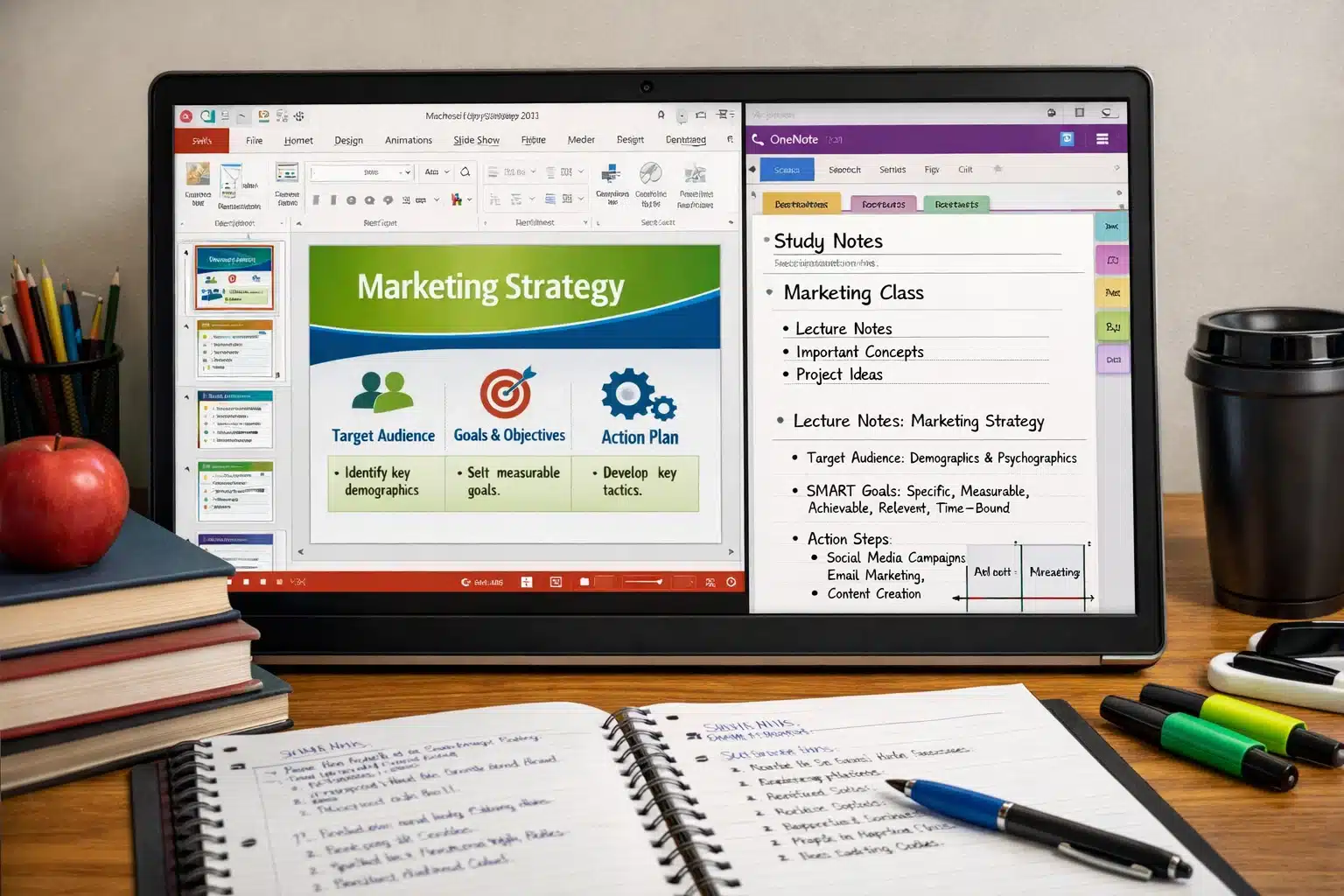 Escena de estudio con PowerPoint y OneNote en Office 2013 para presentaciones y apuntes