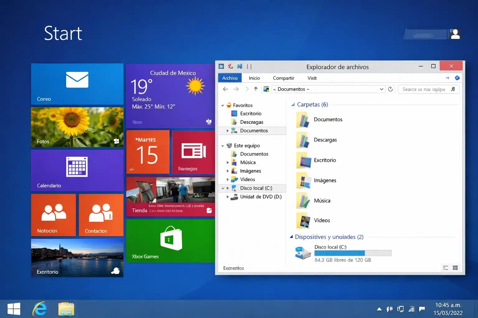 Escena de escritorio de Windows 8.1 con pantalla de inicio y una ventana del Explorador de archivos